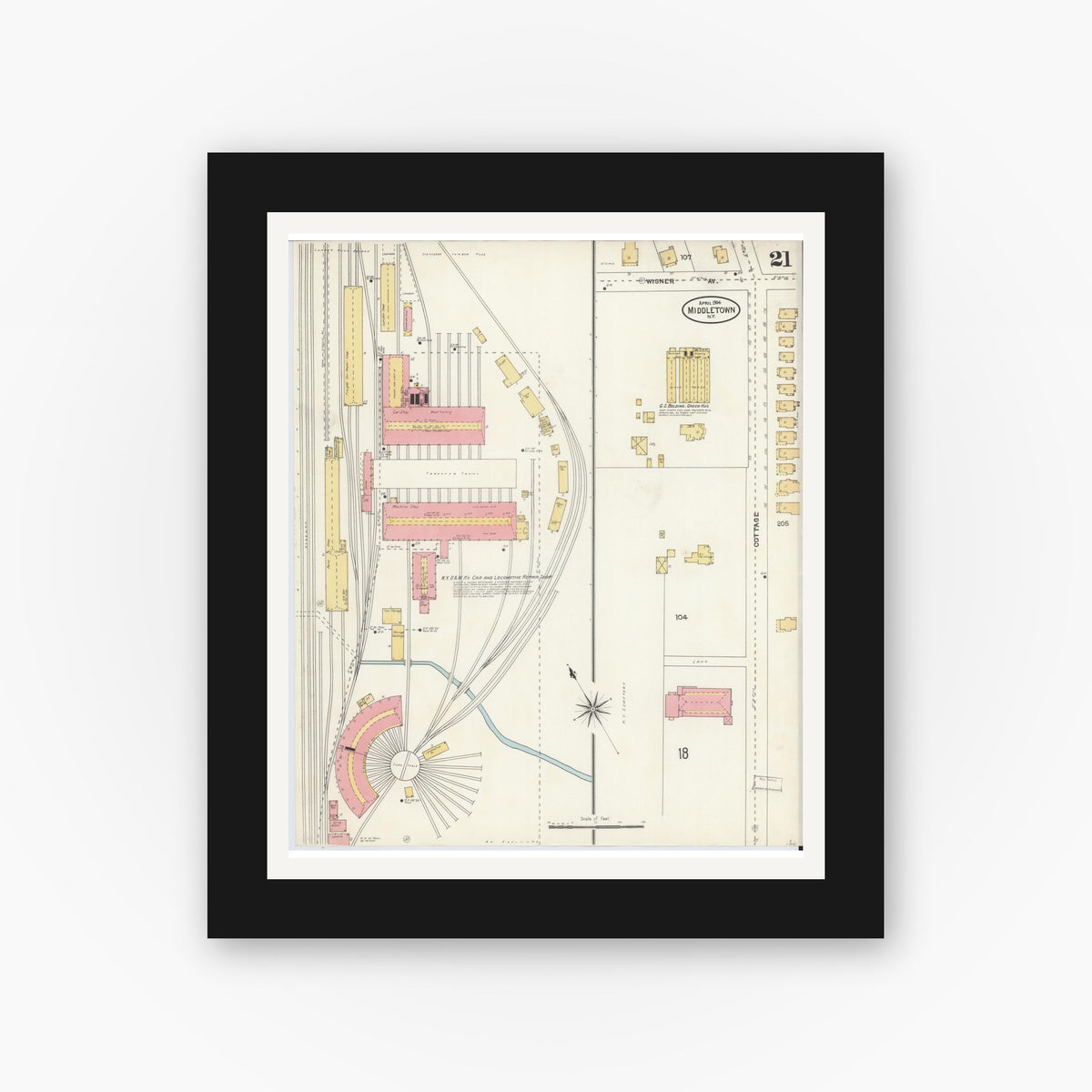 Old map wall art mockup — black gallery frame with white mat — Sanborn Fire Insurance Map from Middletown, Orange County, New York (1904), Sheet #0021