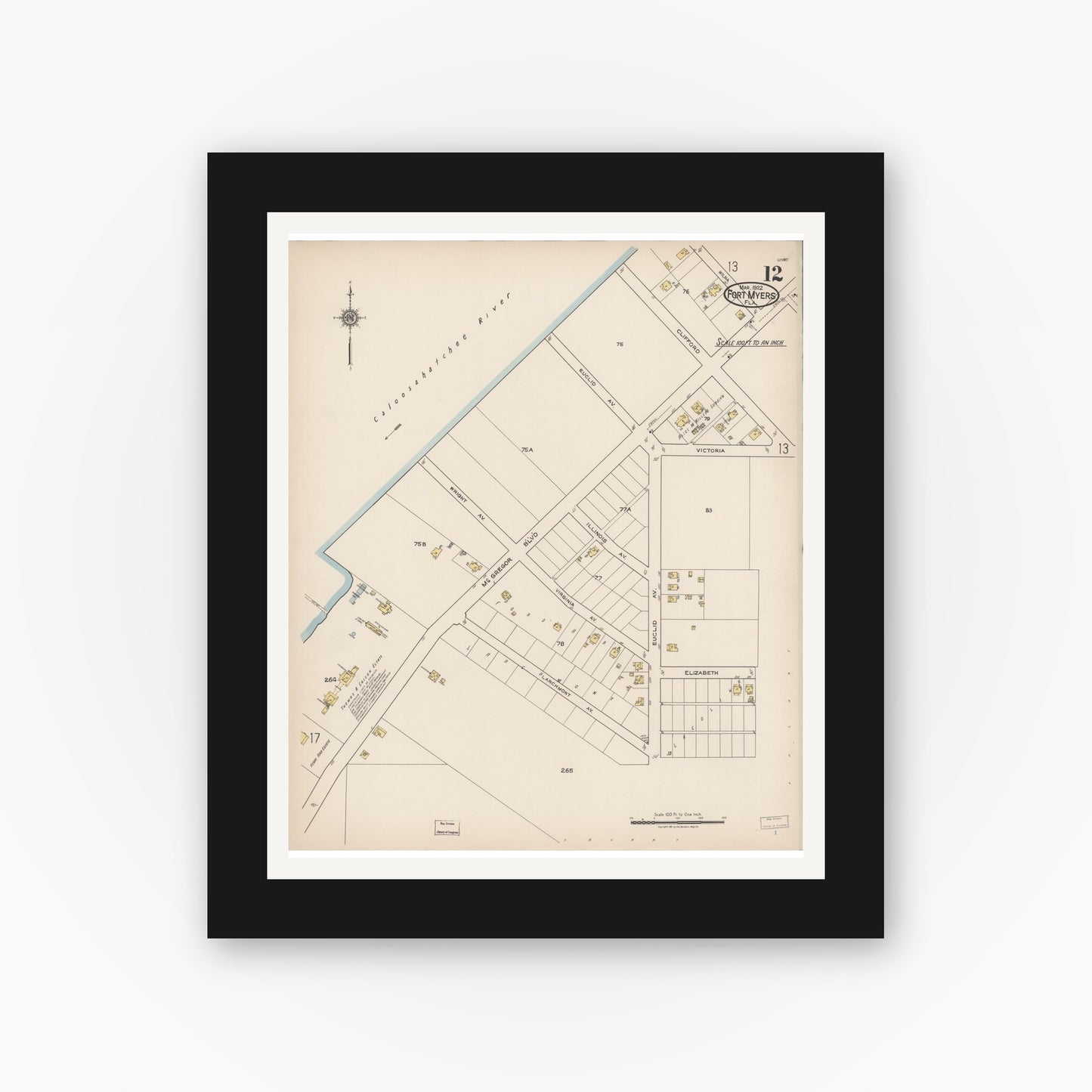 Old map wall art mockup — black gallery frame with white mat — Sanborn Fire Insurance Map from Fort Myers, Lee County, Florida (1922), Sheet #0012