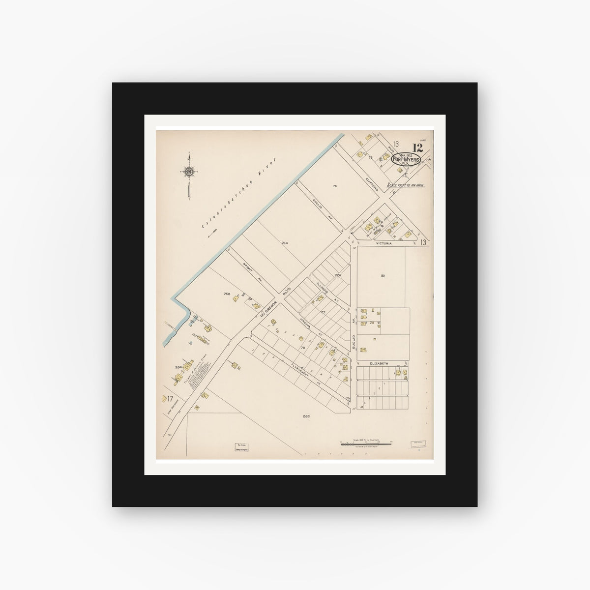 Old map wall art mockup — black gallery frame with white mat — Sanborn Fire Insurance Map from Fort Myers, Lee County, Florida (1922), Sheet #0012