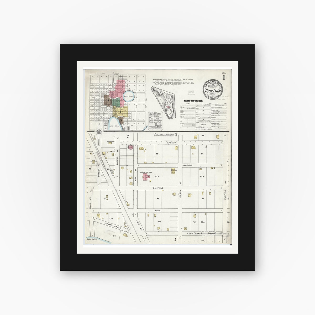Old map wall art mockup — black gallery frame with white mat — Sanborn Fire Insurance Map from Avon Park, Highlands County, Florida (1920) - Complete Map Set