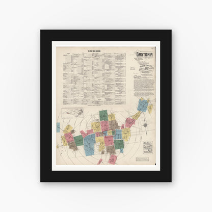 Old map wall art mockup — black gallery frame with white mat — Sanborn Fire Insurance Map from Gastonia, Gaston County, North Carolina (1922), Sheet #0001