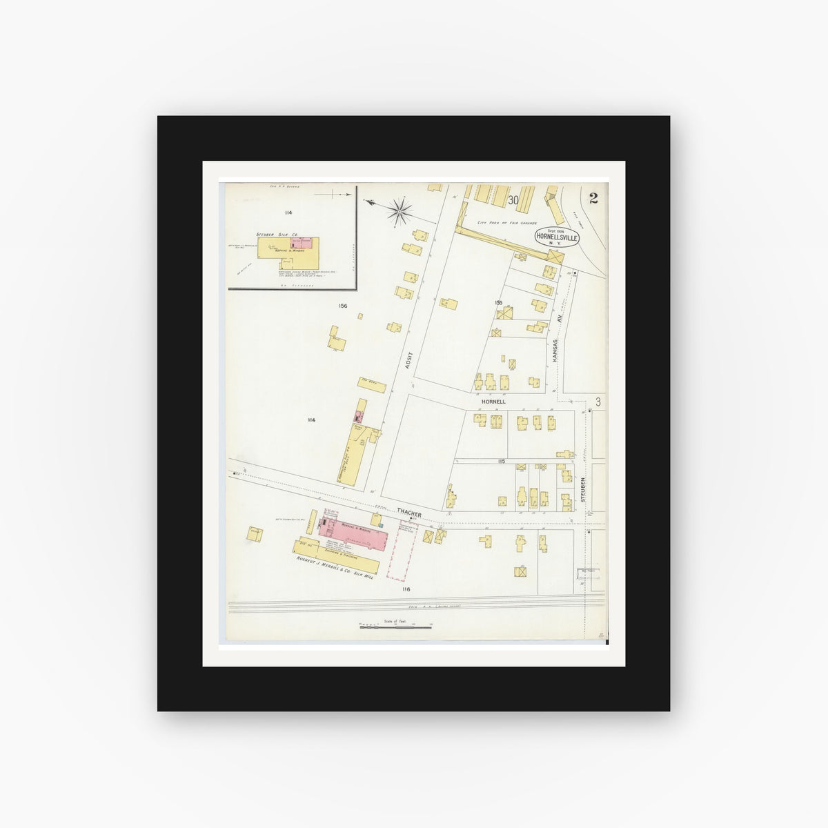 Old map wall art mockup — black gallery frame with white mat — Sanborn Fire Insurance Map from Hornell, Steuben County, New York (1904) - Complete Map Set