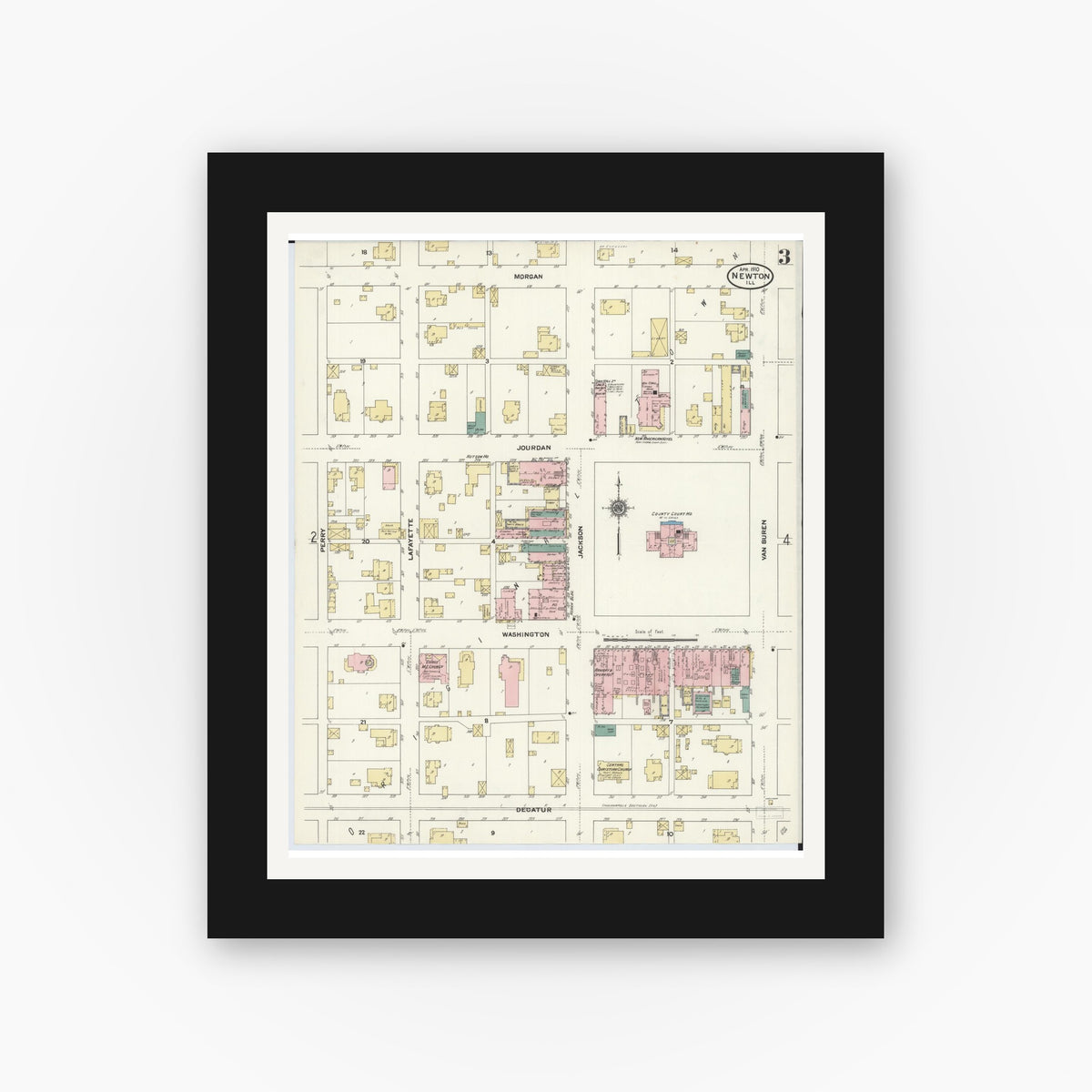 Old map wall art mockup — black gallery frame with white mat — Sanborn Fire Insurance Map from Newton, Jasper County, Illinois (1910), Sheet #0003