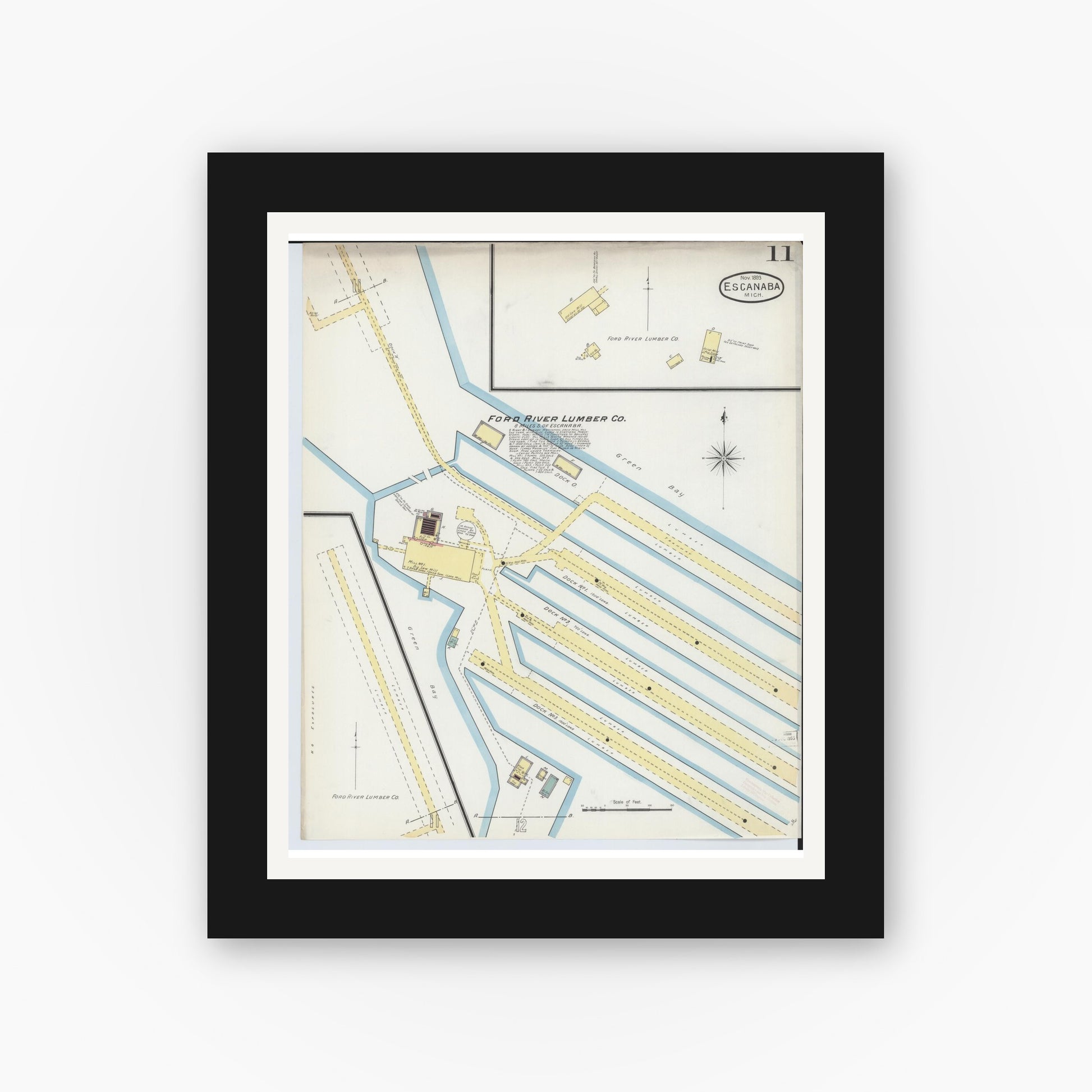 Old map wall art mockup — black gallery frame with white mat — Sanborn Fire Insurance Map from Escanaba, Delta County, Michigan (1893), Sheet #0011