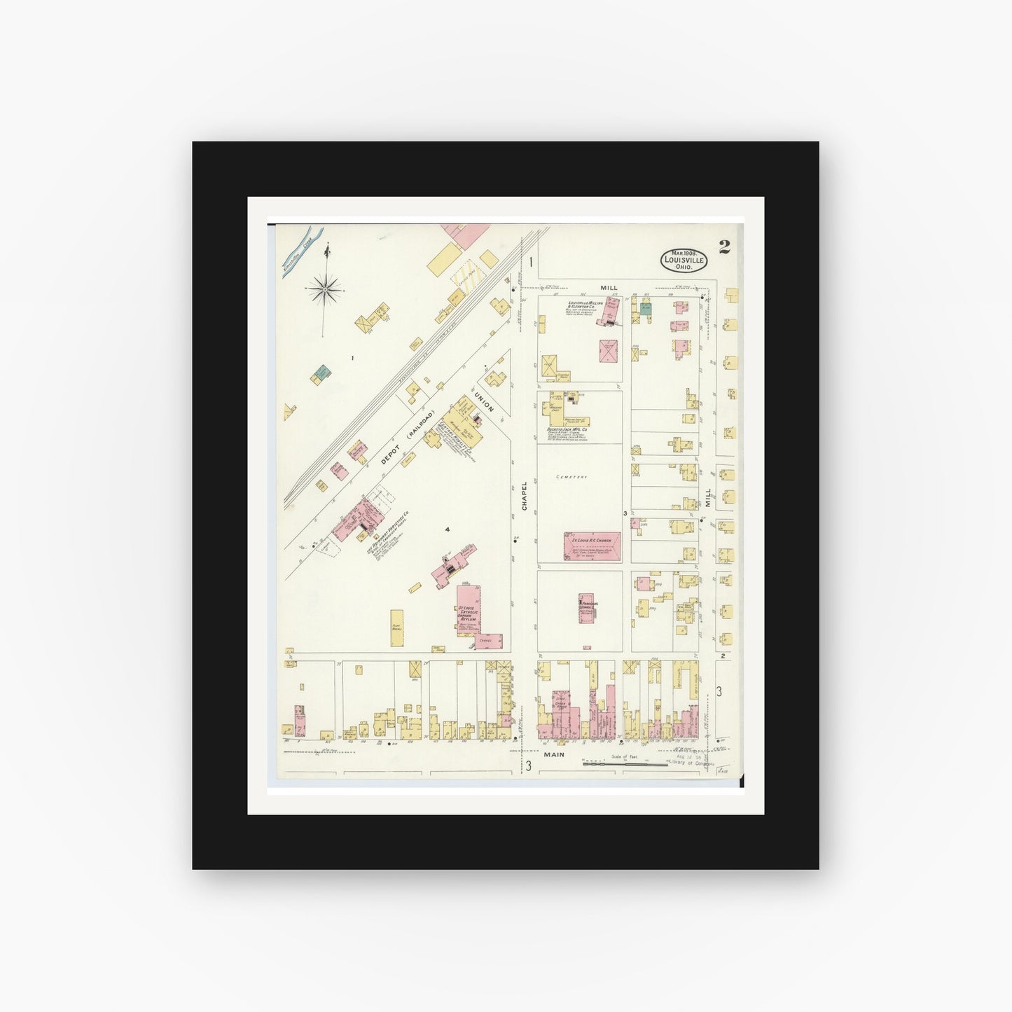 Old map wall art mockup — black gallery frame with white mat — Sanborn Fire Insurance Map from Louisville, Stark County, Ohio (1908), Sheet #0002
