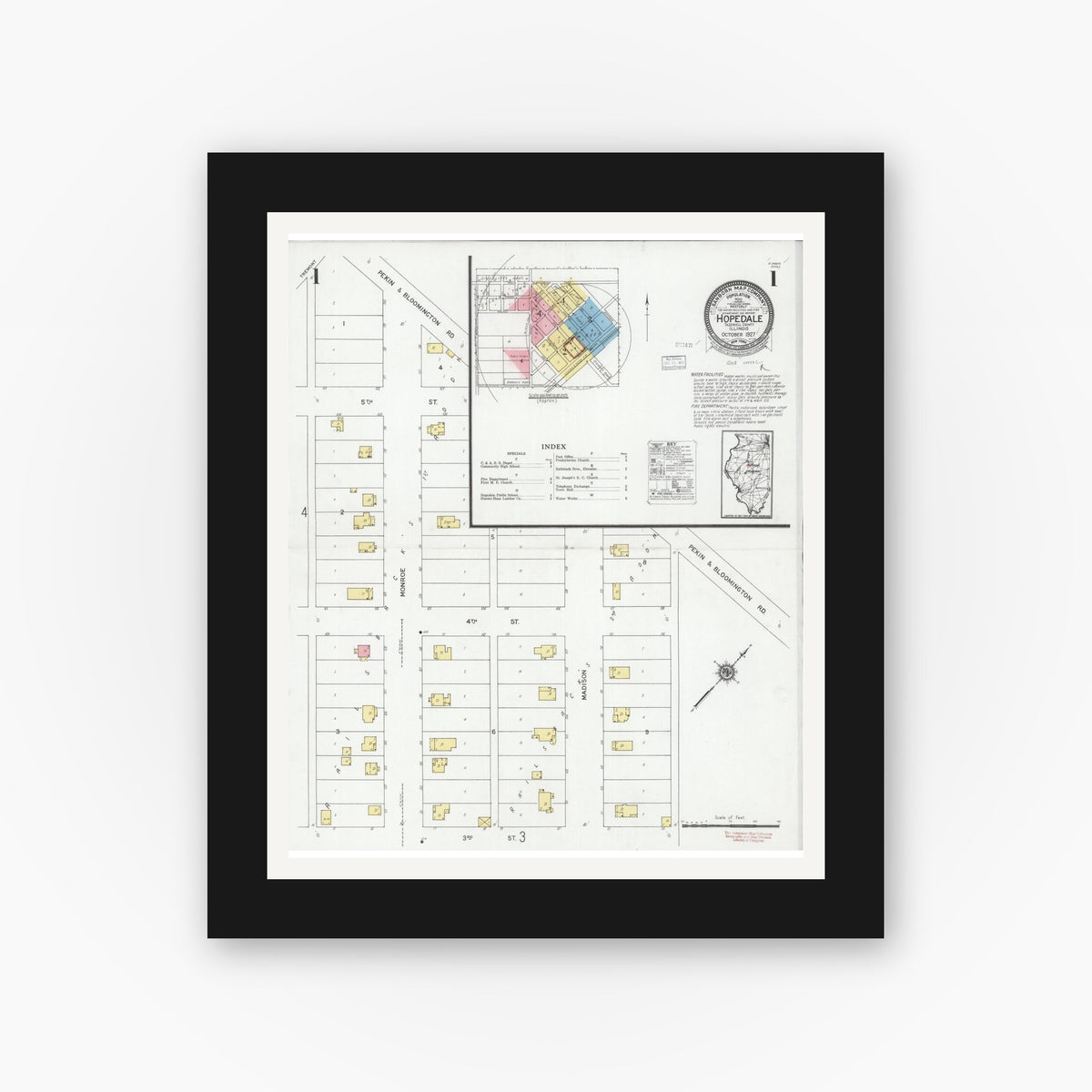 Old map wall art mockup — black gallery frame with white mat — Sanborn Fire Insurance Map from Hopedale, Tazewell County, Illinois (1927), Sheet #0001