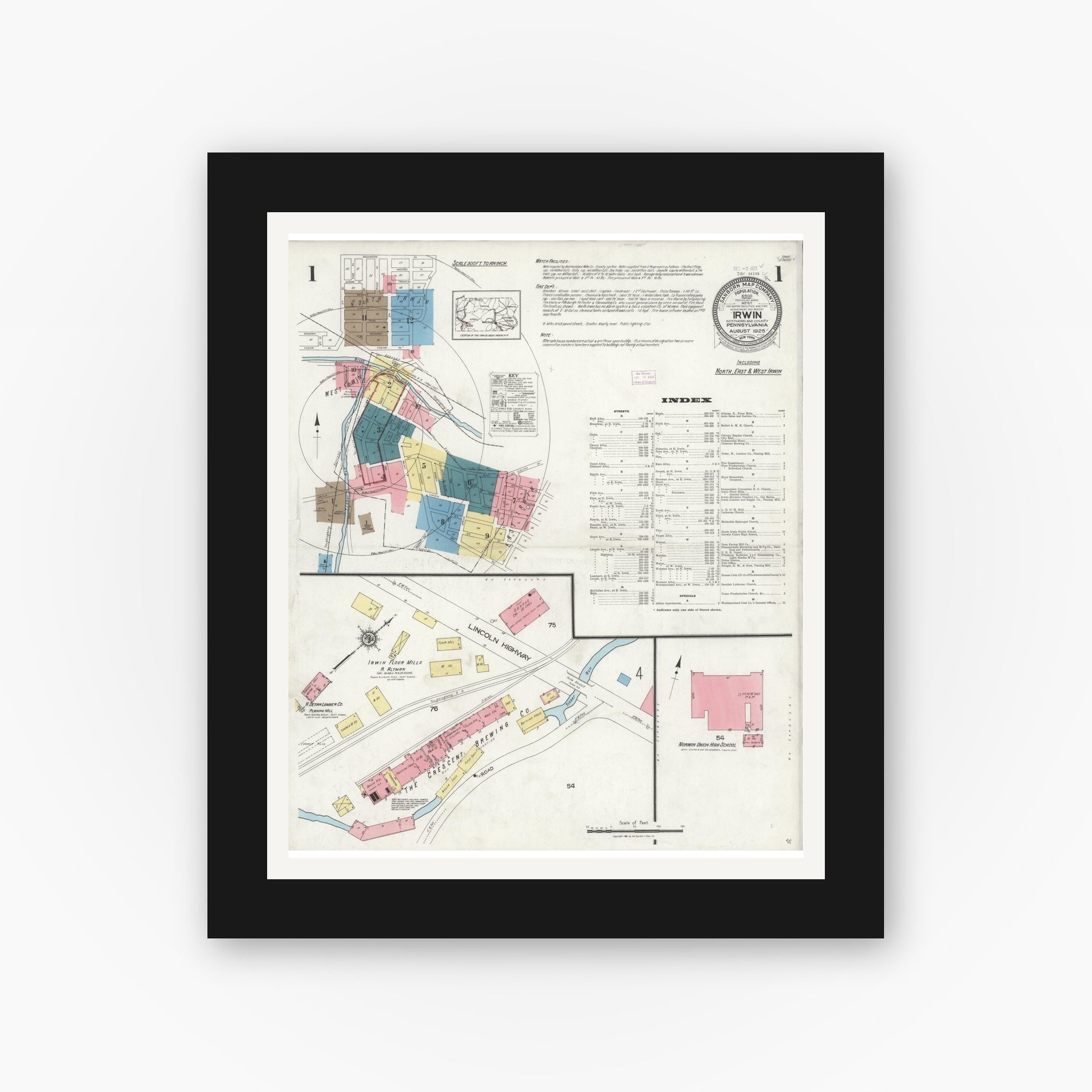 Old map wall art mockup — black gallery frame with white mat — Sanborn Fire Insurance Map from Irwin, Westmoreland County, Pennsylvania (1925), Sheet #0001