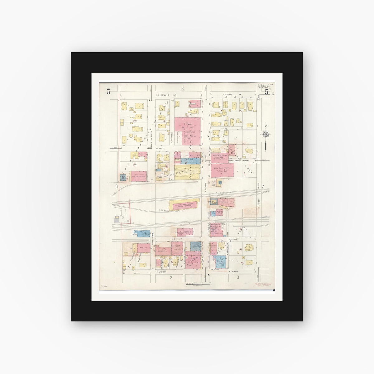 Old map wall art mockup — black gallery frame with white mat — Sanborn Fire Insurance Map from Marion, Williamson County, Illinois (1946), Sheet #0005