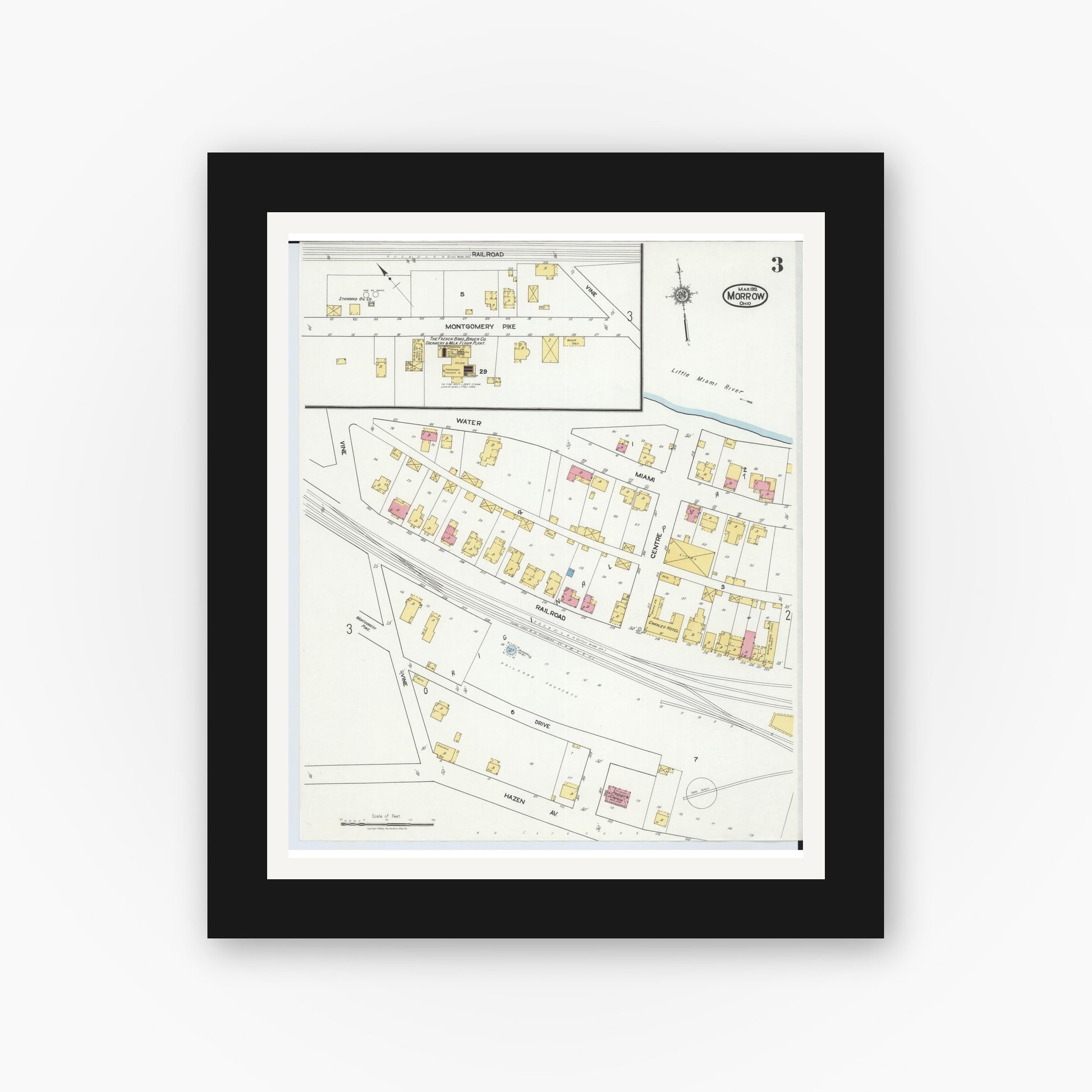 Old map wall art mockup — black gallery frame with white mat — Sanborn Fire Insurance Map from Morrow, Warren County, Ohio (1919), Sheet #0003