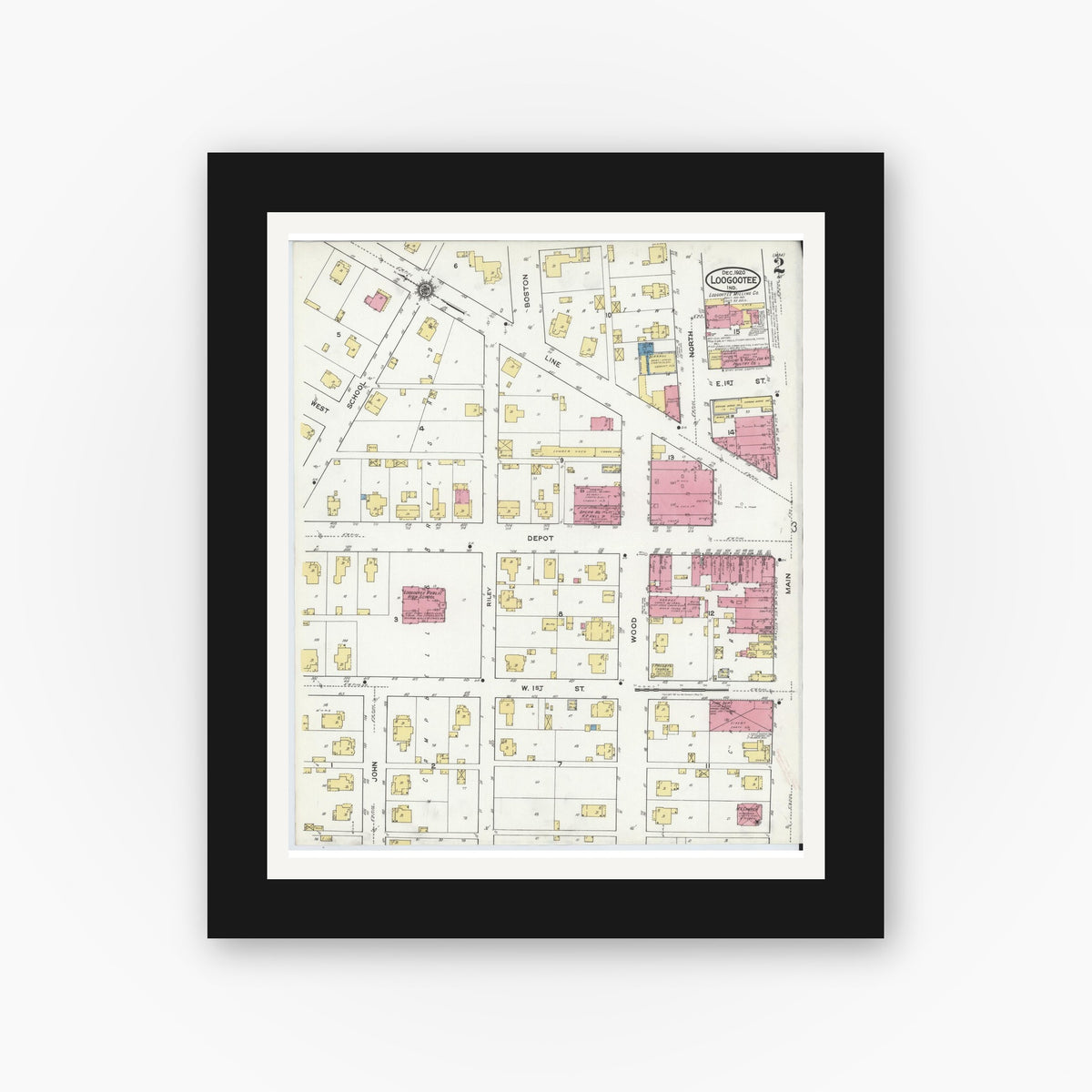Old map wall art mockup — black gallery frame with white mat — Sanborn Fire Insurance Map from Loogootee, Martin County, Indiana (1920), Sheet #0002