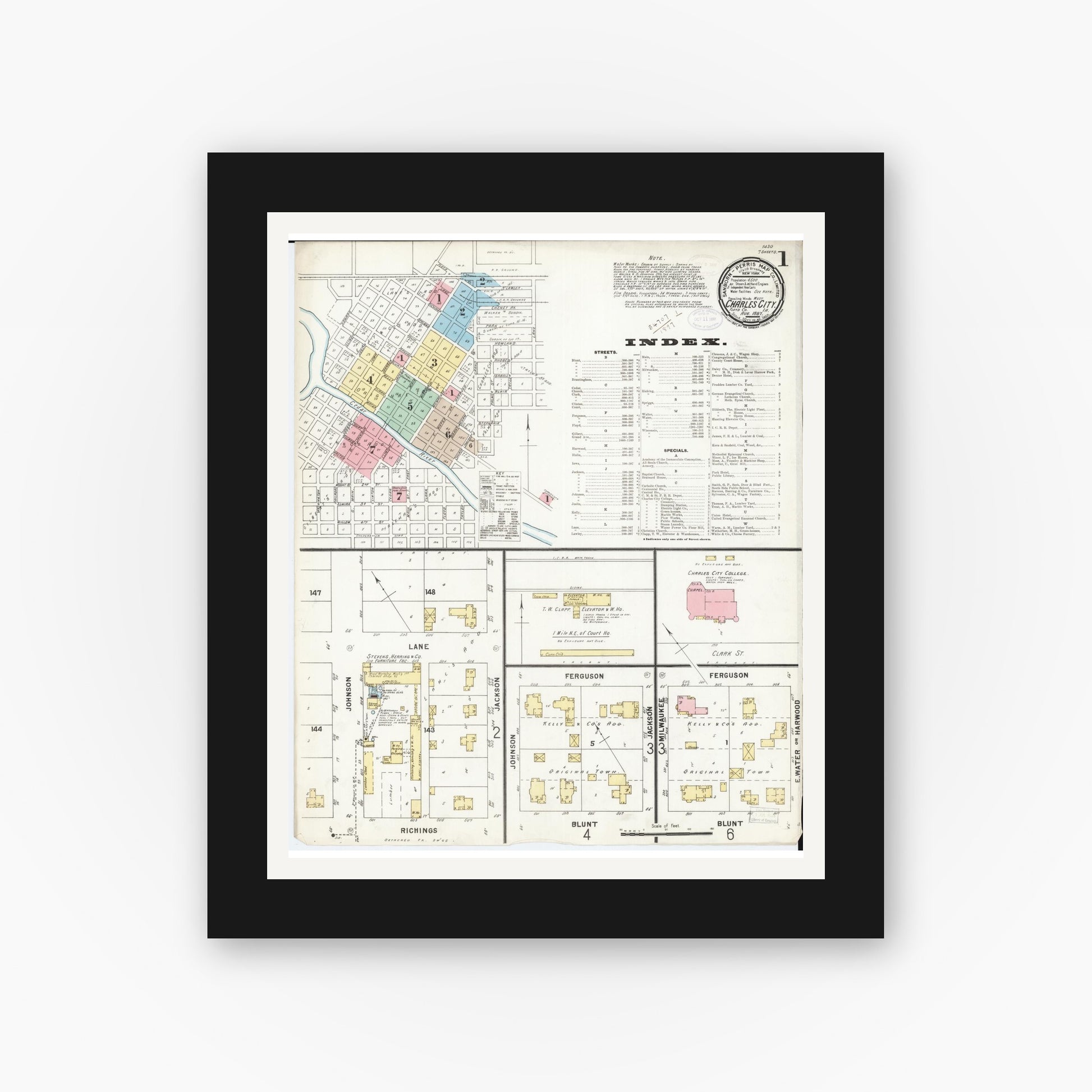 Old map wall art mockup — black gallery frame with white mat — Sanborn Fire Insurance Map from Charles City, Floyd County, Iowa (1897) â€” Complete Set