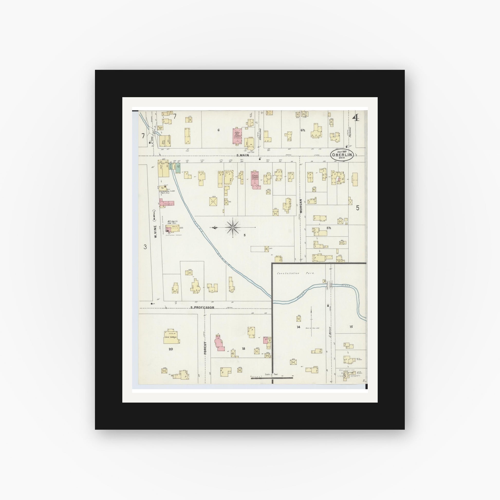 Old map wall art mockup — black gallery frame with white mat — Sanborn Fire Insurance Map from Oberlin, Lorain County, Ohio (1897), Sheet #0004