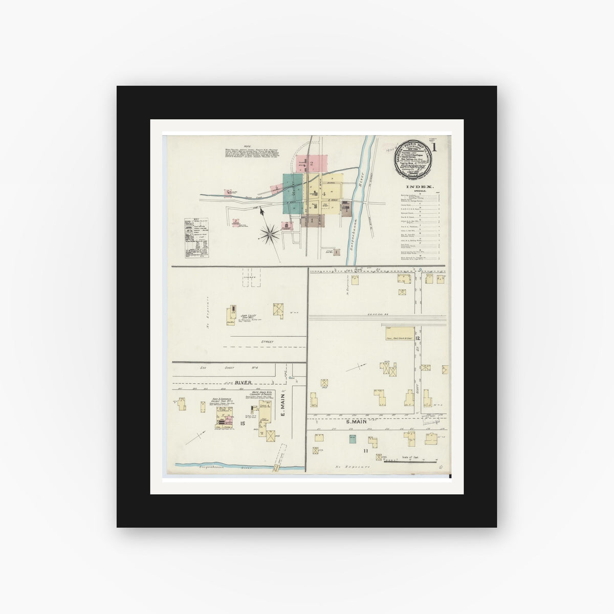 Old map wall art mockup — black gallery frame with white mat — Sanborn Fire Insurance Map from Bainbridge, Chenango County, New York (1891), Sheet #0001