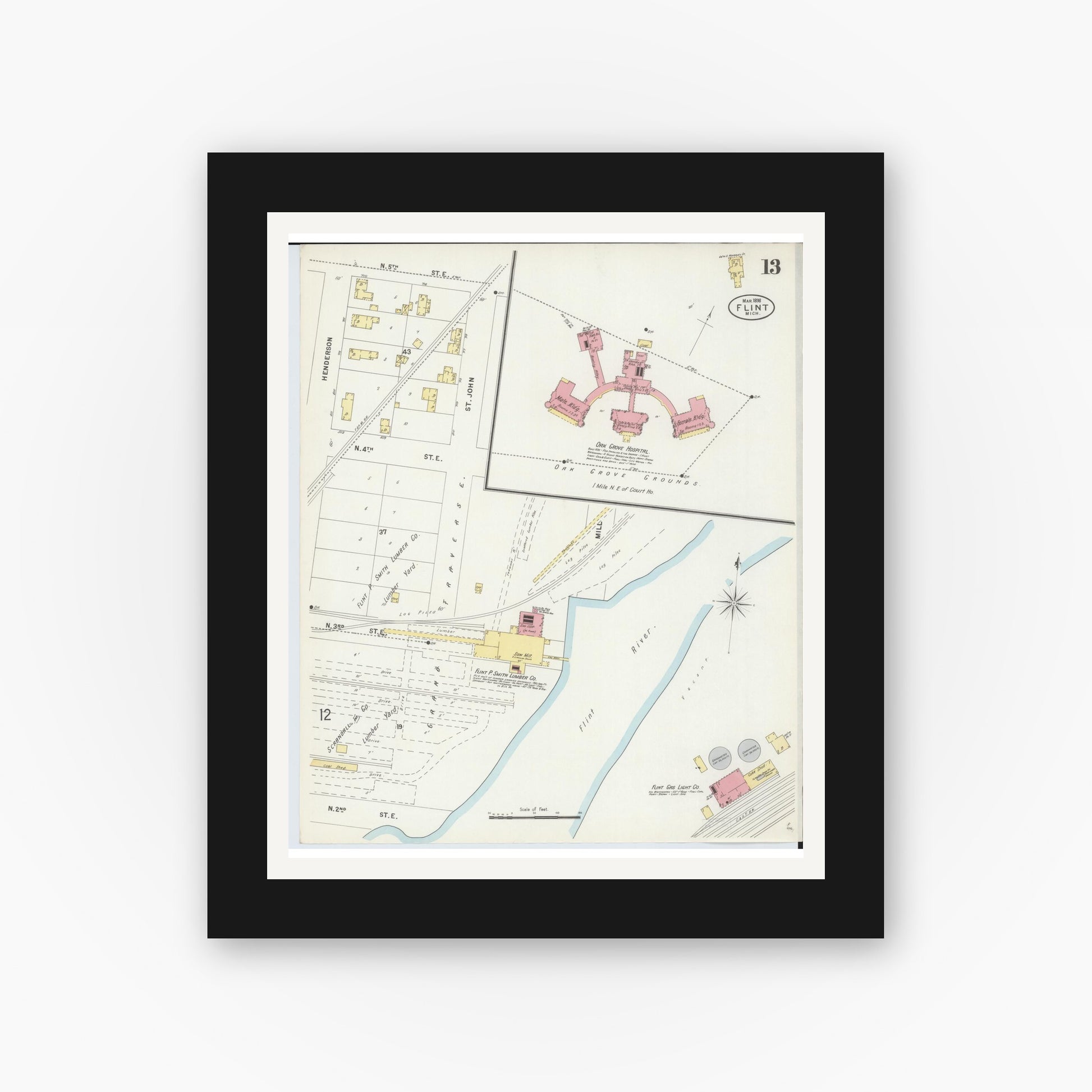 Old map wall art mockup — black gallery frame with white mat — Sanborn Fire Insurance Map from Flint, Genesee County, Michigan (1898), Sheet #0013