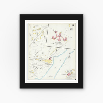 Old map wall art mockup — black gallery frame with white mat — Sanborn Fire Insurance Map from Flint, Genesee County, Michigan (1898), Sheet #0013