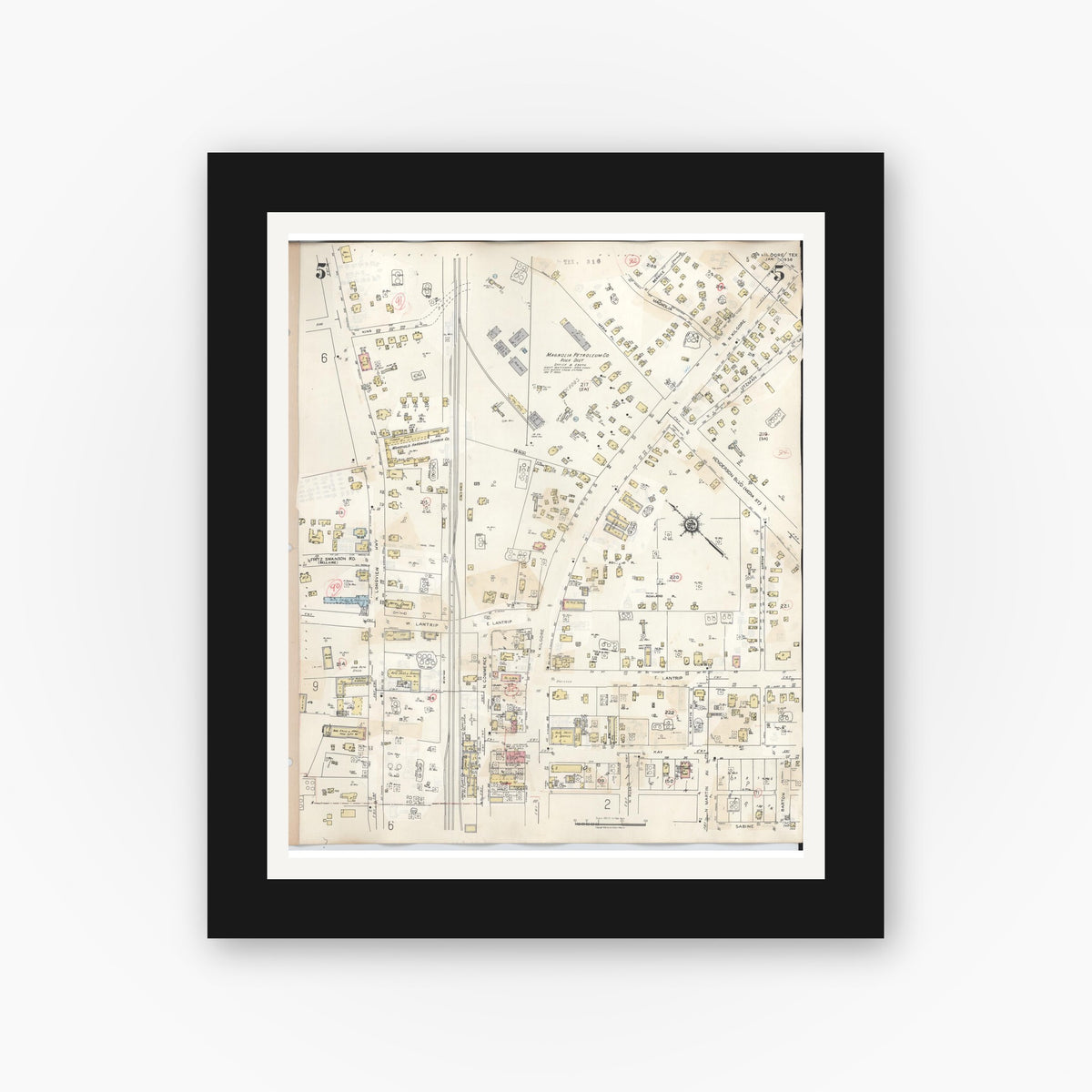 Old map wall art mockup — black gallery frame with white mat — Sanborn Fire Insurance Map from Kilgore, Gregg County, Texas (1950), Sheet #0005