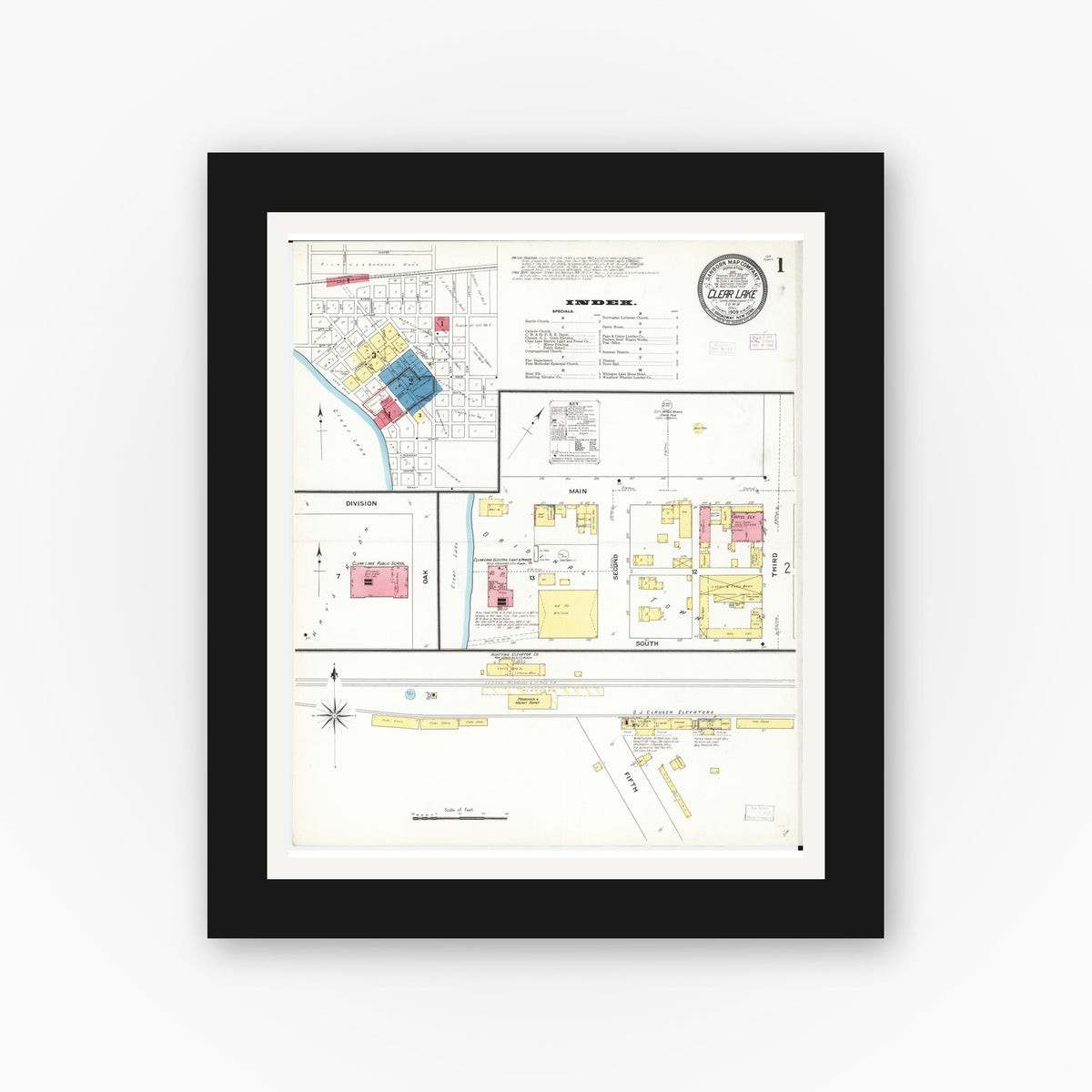 Old map wall art mockup — black gallery frame with white mat — Sanborn Fire Insurance Map from Clear Lake, Cerro Gordo County, Iowa (1909) â€” Complete Set