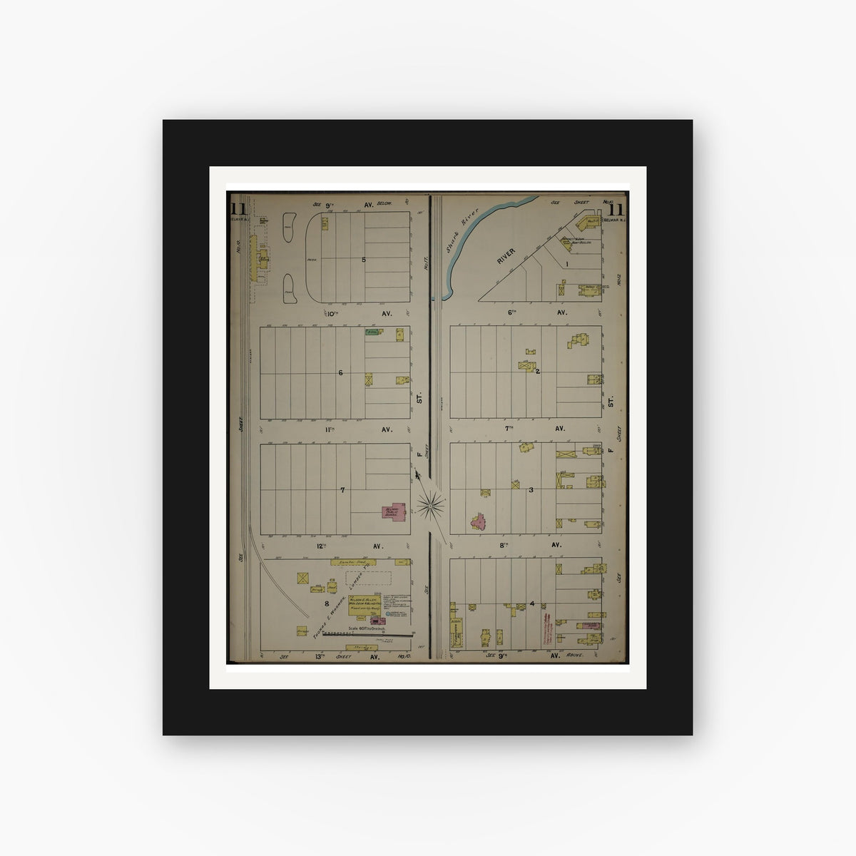 Old map wall art mockup — black gallery frame with white mat — Sanborn Fire Insurance Map from New Jersey Coast, New Jersey Coast, New Jersey (1890), Sheet #0011