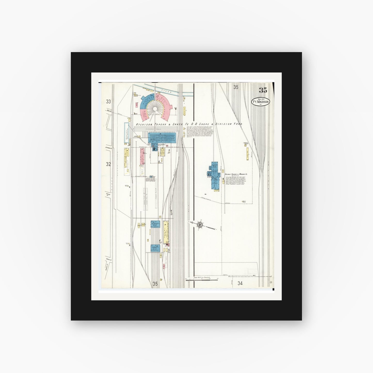 Old map wall art mockup — black gallery frame with white mat — Sanborn Fire Insurance Map from Fort Madison, Lee County, Iowa (1913), Sheet #0035