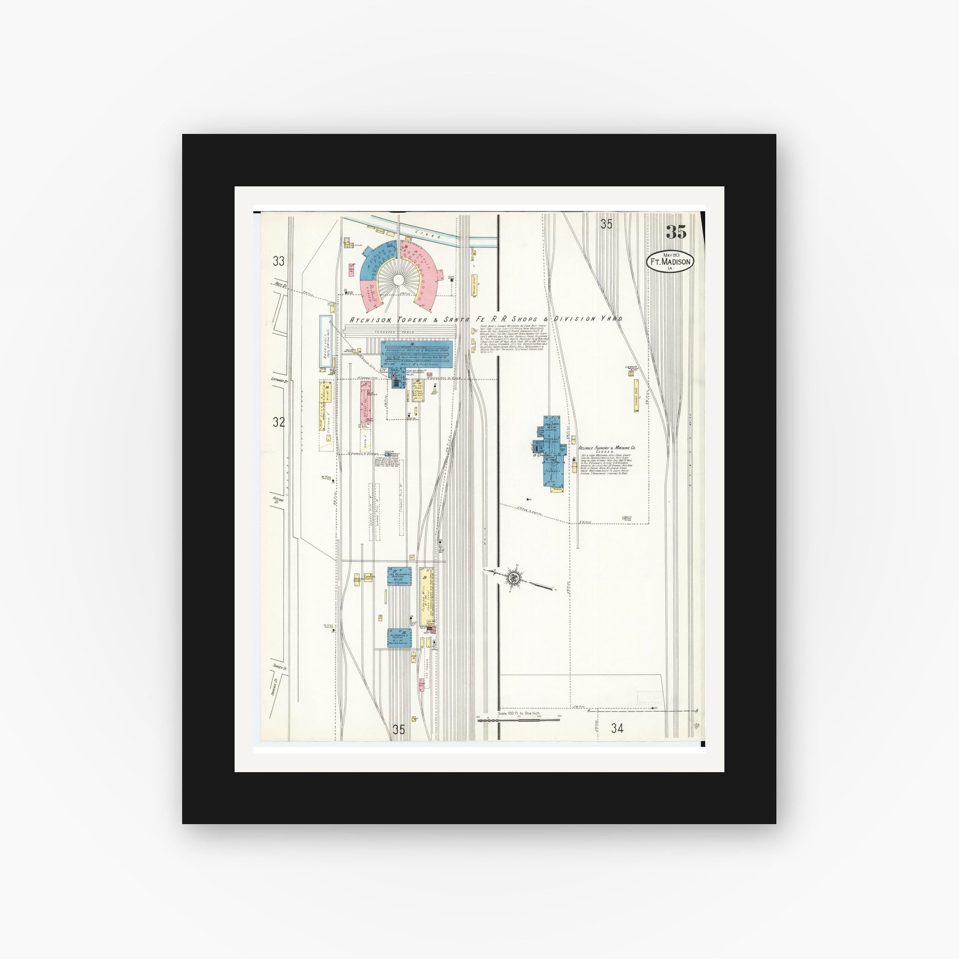 Old map wall art mockup — black gallery frame with white mat — Sanborn Fire Insurance Map from Fort Madison, Lee County, Iowa (1913), Sheet #0035