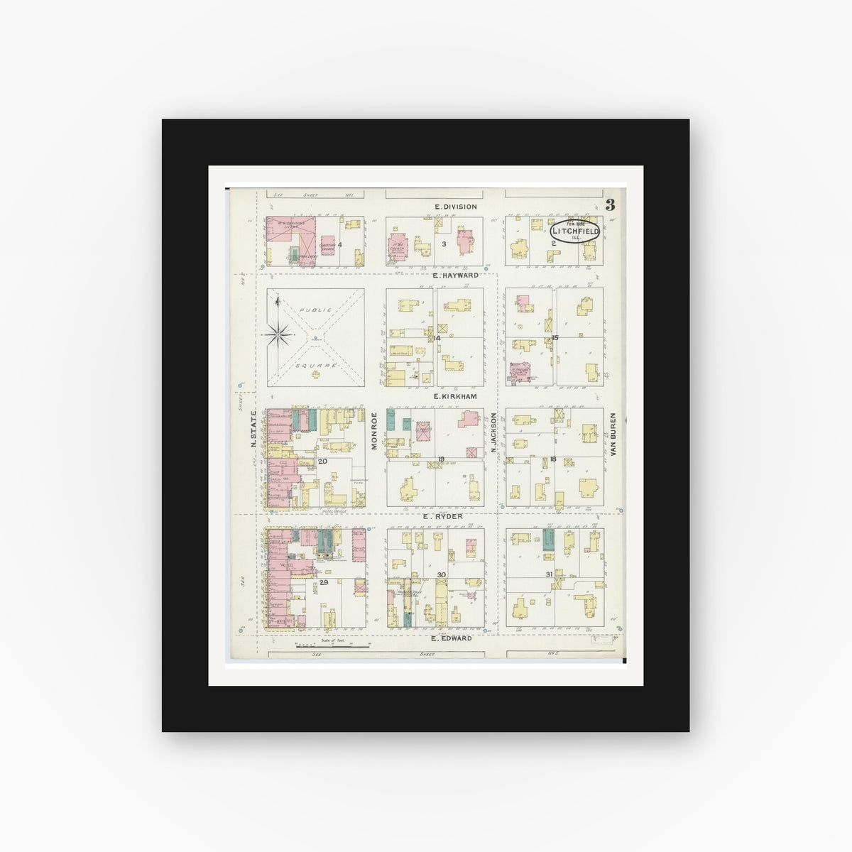 Old map wall art mockup — black gallery frame with white mat — Sanborn Fire Insurance Map from Litchfield, Montgomery County, Illinois (1892), Sheet #0003