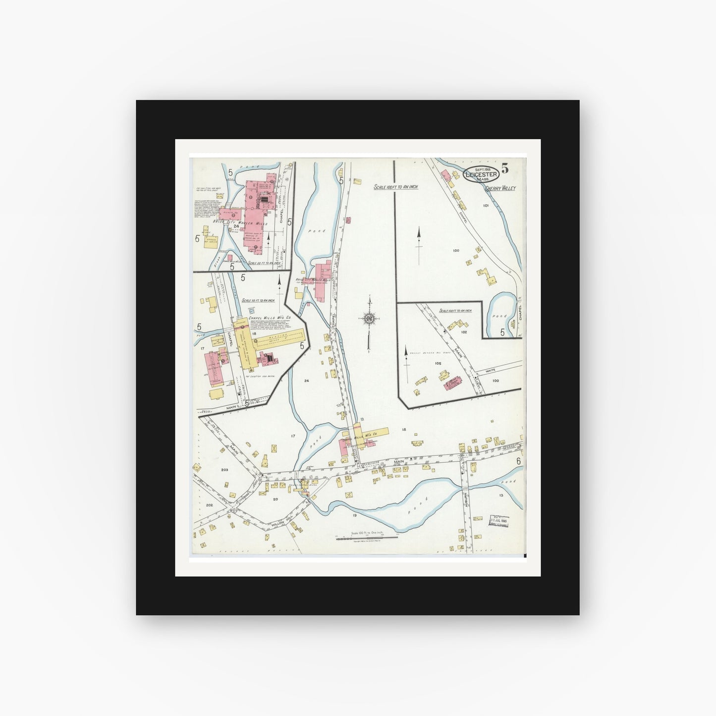 Old map wall art mockup — black gallery frame with white mat — Sanborn Fire Insurance Map from Leicester, Worcester County, Massachusetts (1918), Sheet #0005