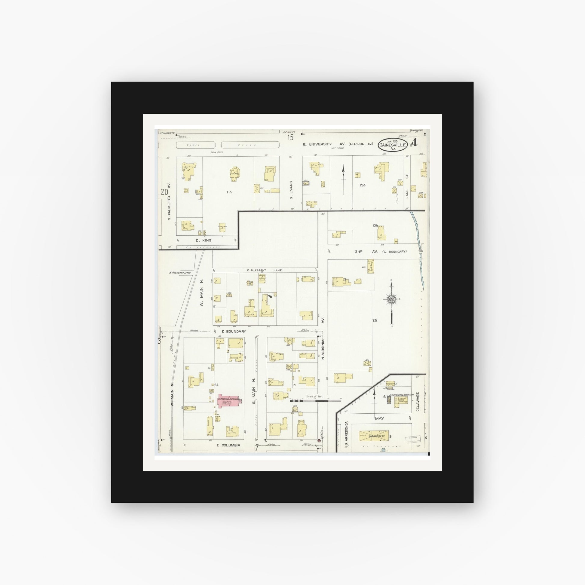 Old map wall art mockup — black gallery frame with white mat — Sanborn Fire Insurance Map from Gainesville, Alachua County, Florida (1913), Sheet #0004