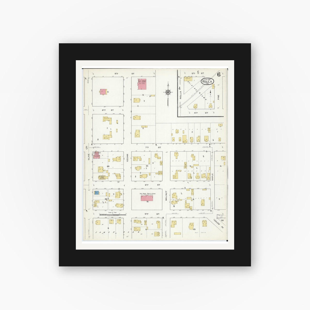 Old map wall art mockup — black gallery frame with white mat — Sanborn Fire Insurance Map from Rolla, Phelps County, Missouri (1917), Sheet #0006