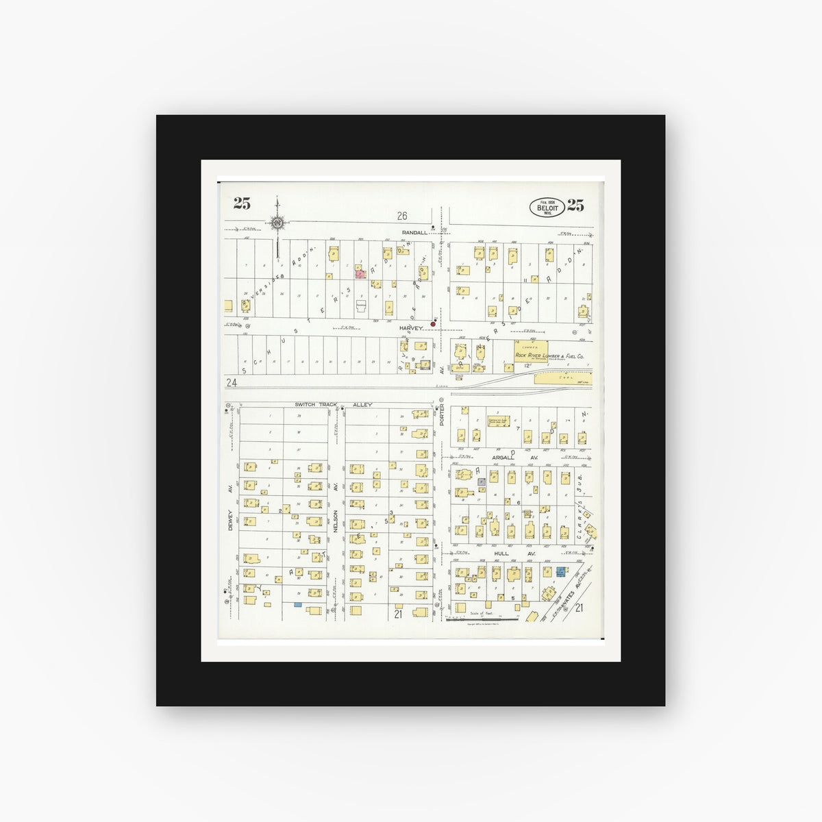 Old map wall art mockup — black gallery frame with white mat — Sanborn Fire Insurance Map from Beloit, Rock County, Wisconsin (1926), Sheet #0025