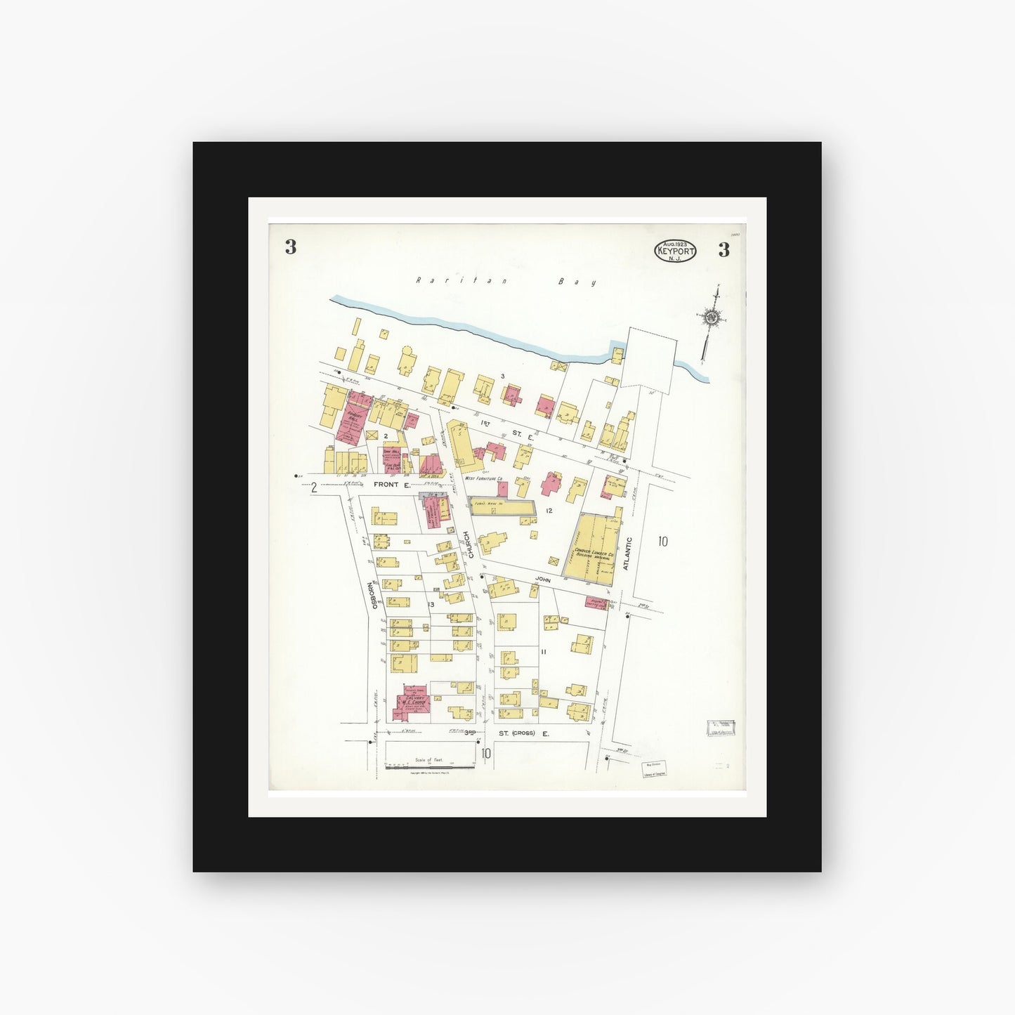 Old map wall art mockup — black gallery frame with white mat — Sanborn Fire Insurance Map from Keyport, Monmouth County, New Jersey (1923), Sheet #0003