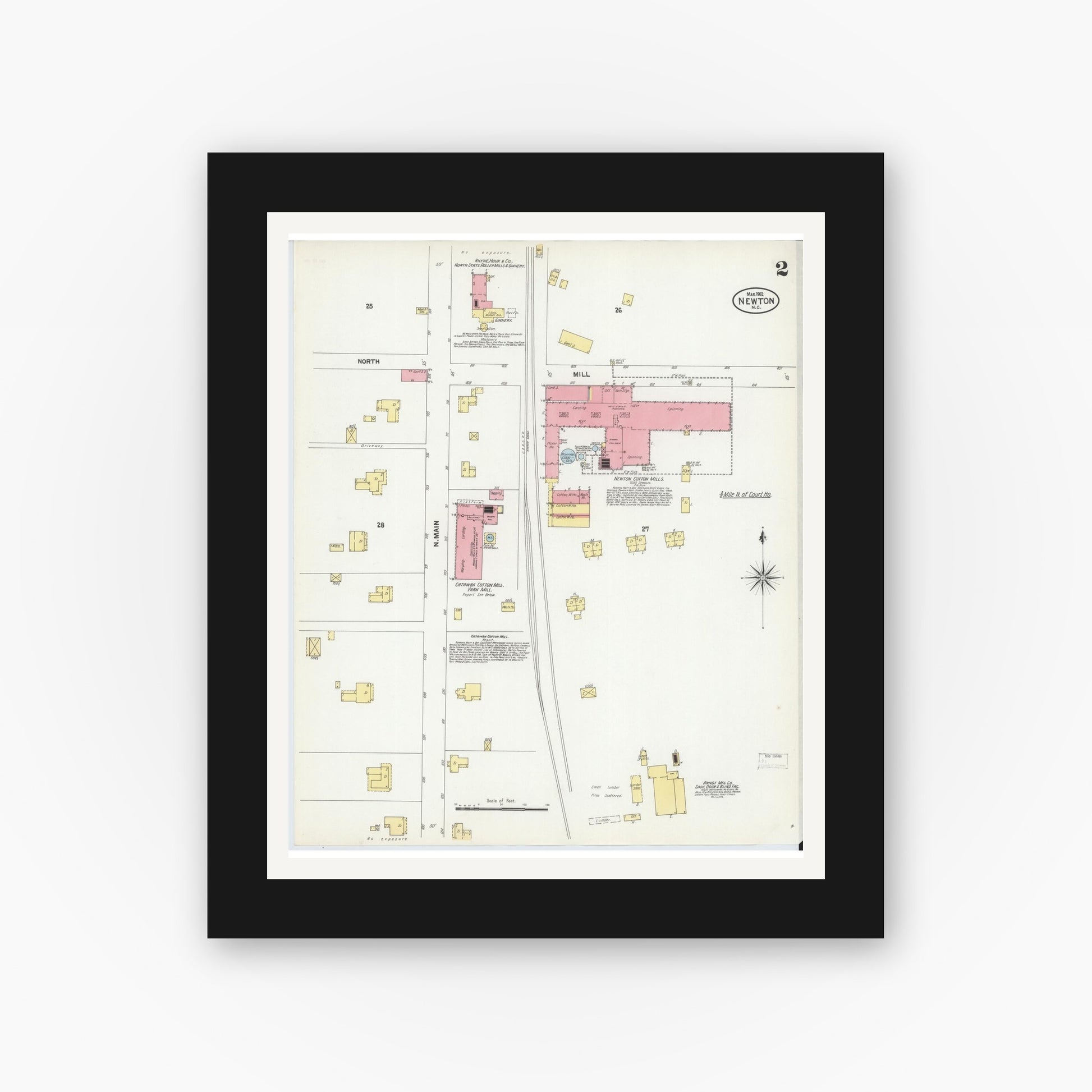 Old map wall art mockup — black gallery frame with white mat — Sanborn Fire Insurance Map from Newton, Catawba County, North Carolina (1902), Sheet #0002