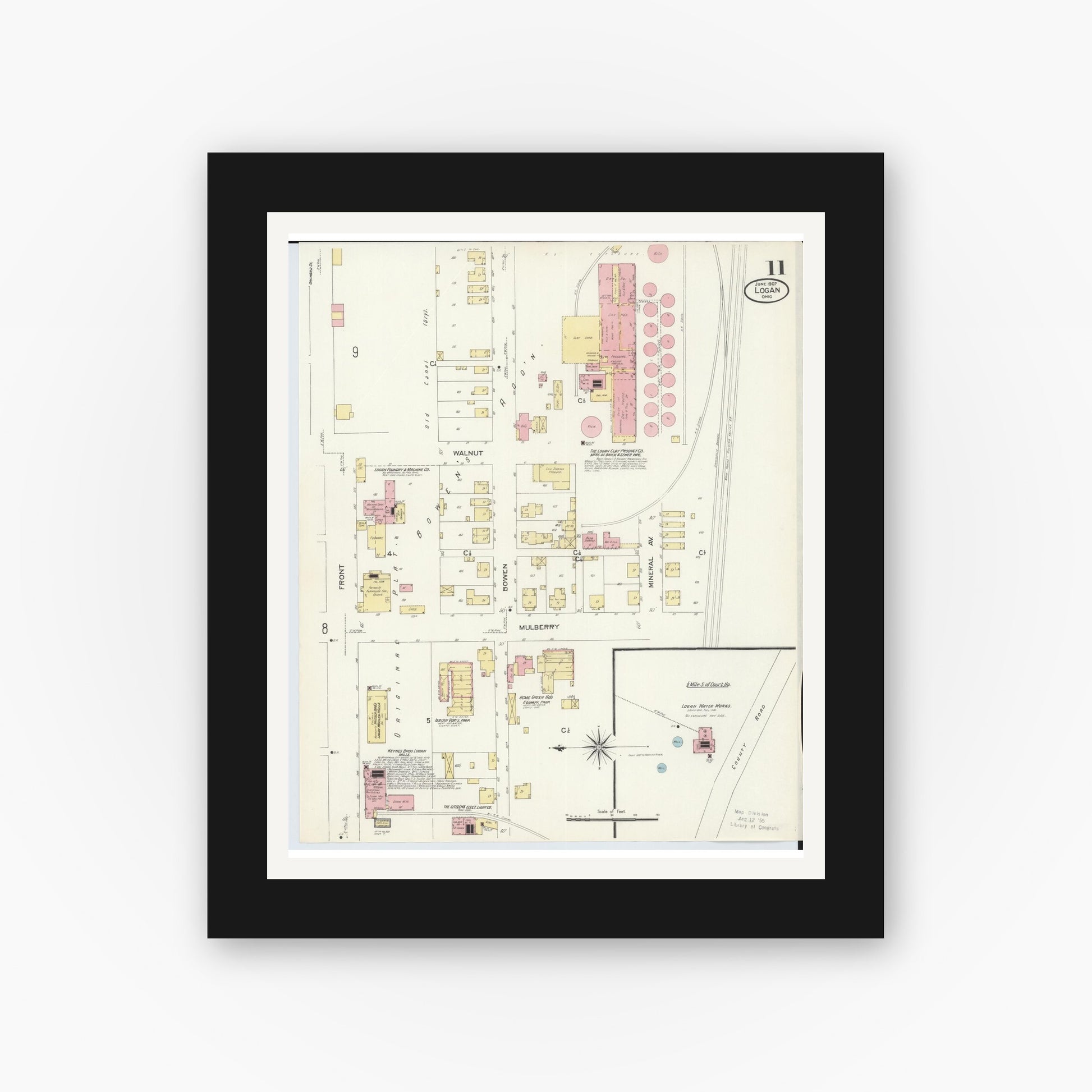 Old map wall art mockup — black gallery frame with white mat — Sanborn Fire Insurance Map from Logan, Hocking County, Ohio (1907), Sheet #0011