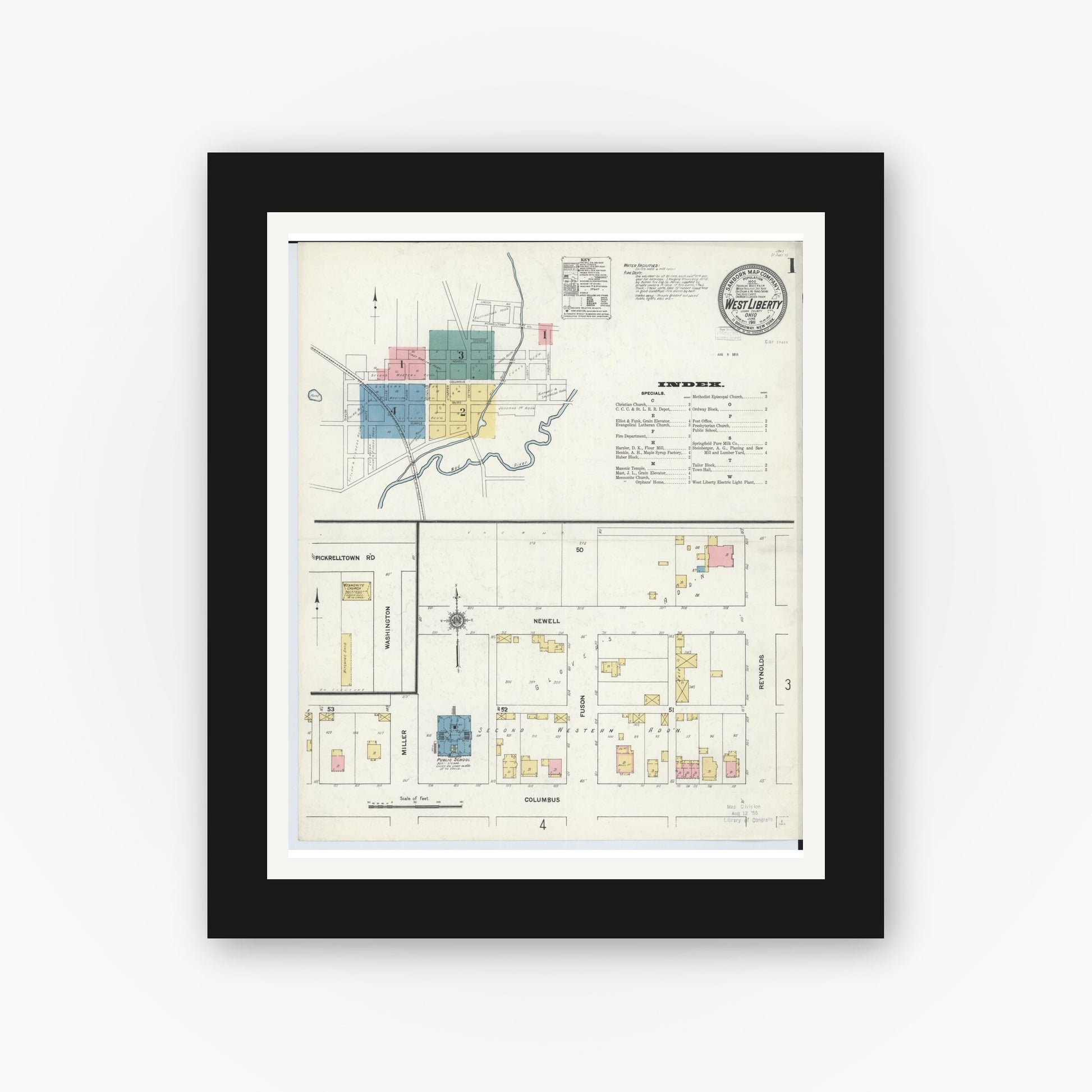 Old map wall art mockup — black gallery frame with white mat — Sanborn Fire Insurance Map from West Liberty, Logan County, Ohio (1911) - Complete Map Set