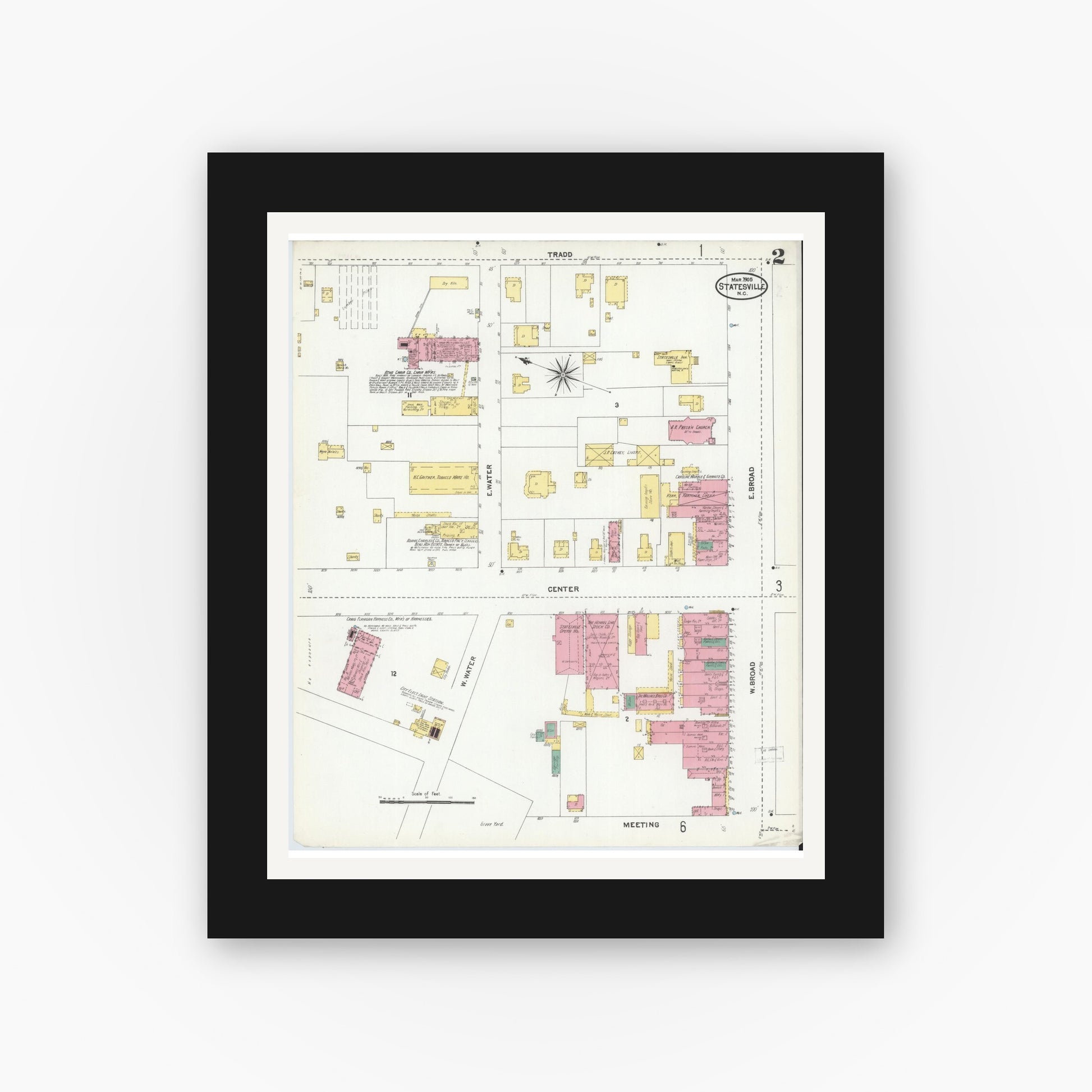 Old map wall art mockup — black gallery frame with white mat — Sanborn Fire Insurance Map from Statesville, Iredell County, North Carolina (1905), Sheet #0002