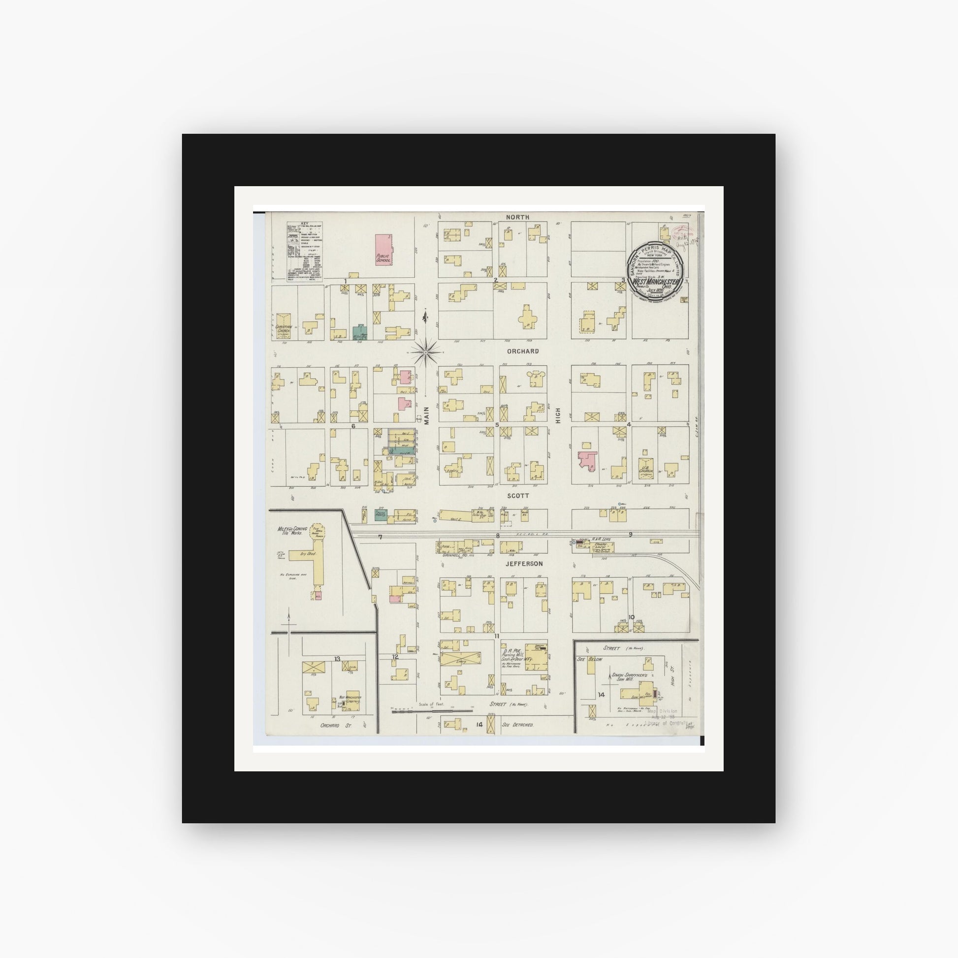 Old map wall art mockup — black gallery frame with white mat — Sanborn Fire Insurance Map from West Manchester, Preble County, Ohio (1895), Sheet #0001