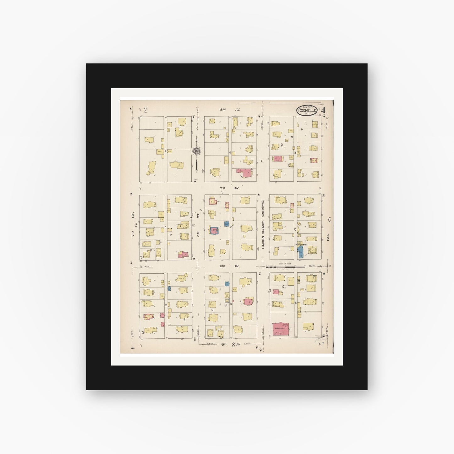 Old map wall art mockup — black gallery frame with white mat — Sanborn Fire Insurance Map from Rochelle, Ogle County, Illinois (1922), Sheet #0004