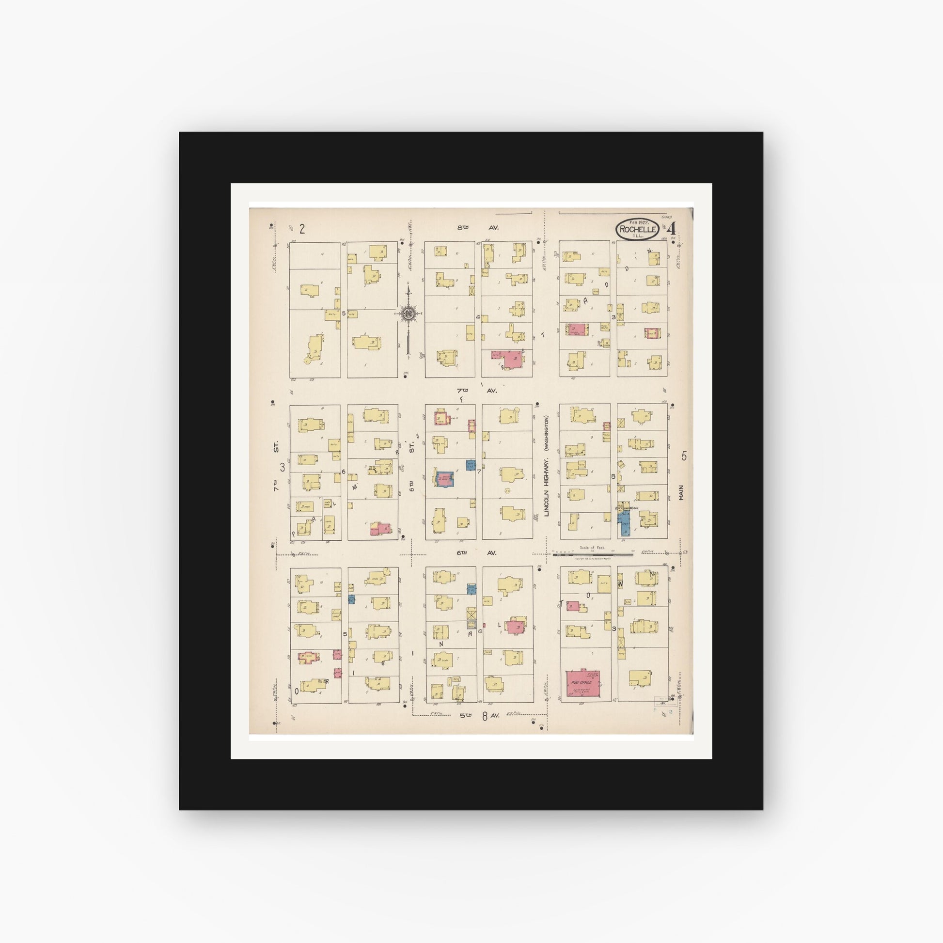 Old map wall art mockup — black gallery frame with white mat — Sanborn Fire Insurance Map from Rochelle, Ogle County, Illinois (1922), Sheet #0004