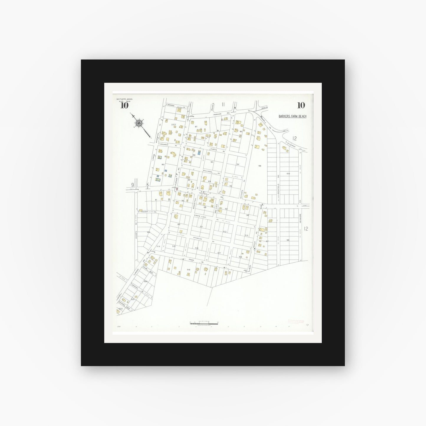 Old map wall art mockup — black gallery frame with white mat — Sanborn Fire Insurance Map from Scituate, Plymouth County, Massachusetts (1939), Sheet #0010