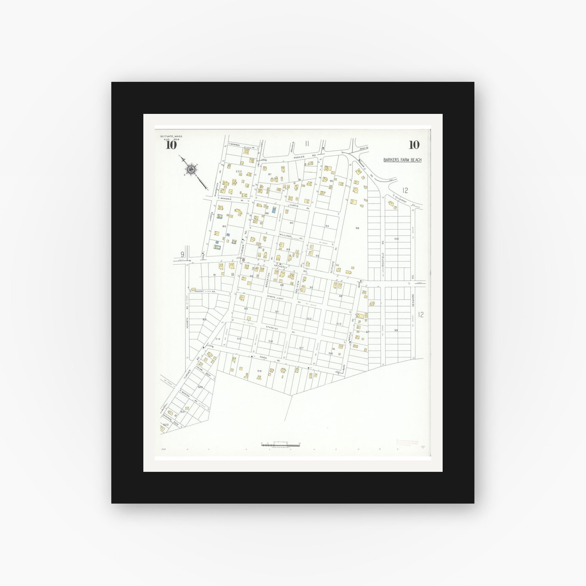 Old map wall art mockup — black gallery frame with white mat — Sanborn Fire Insurance Map from Scituate, Plymouth County, Massachusetts (1939), Sheet #0010