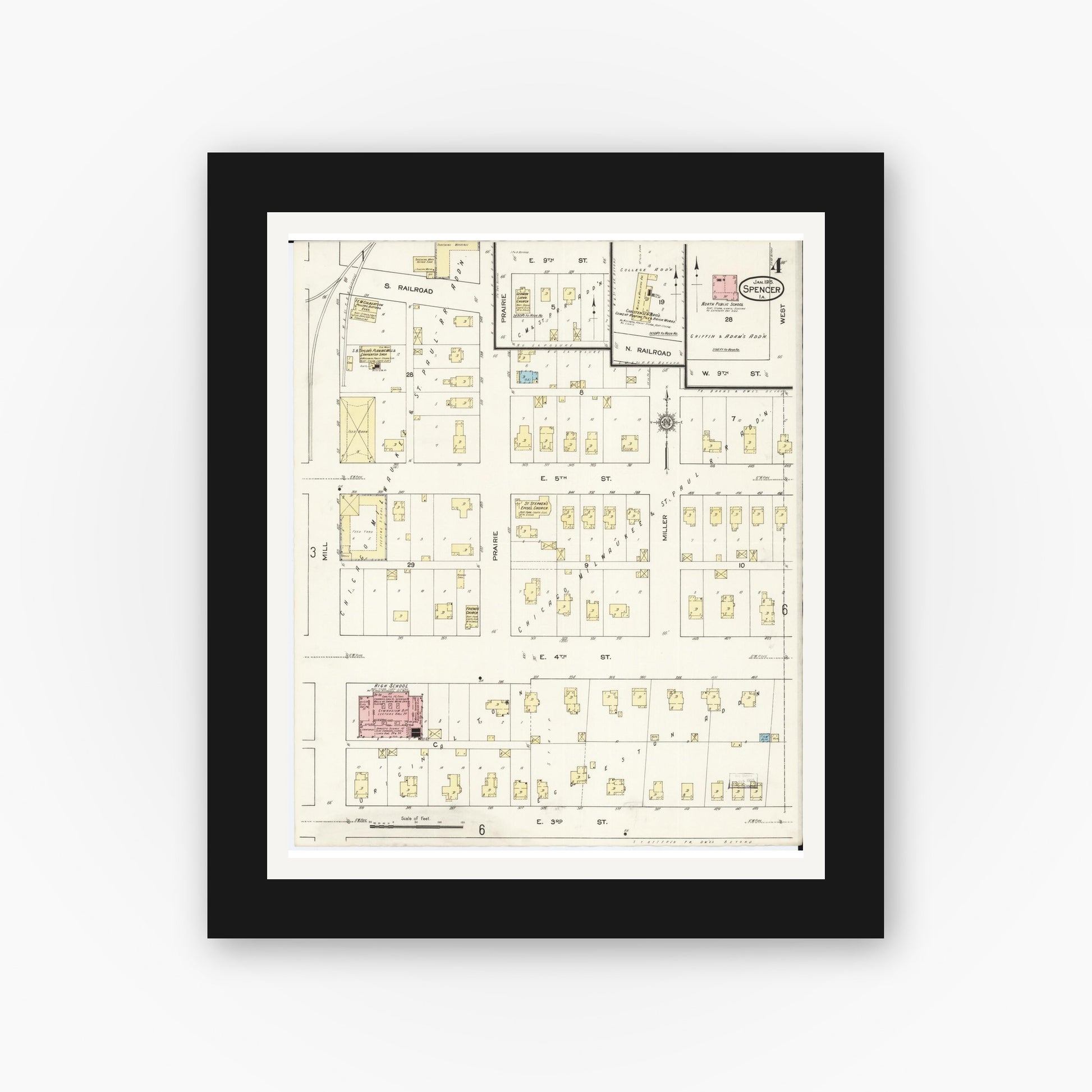 Old map wall art mockup — black gallery frame with white mat — Sanborn Fire Insurance Map from Spencer, Clay County, Iowa (1915), Sheet #0004