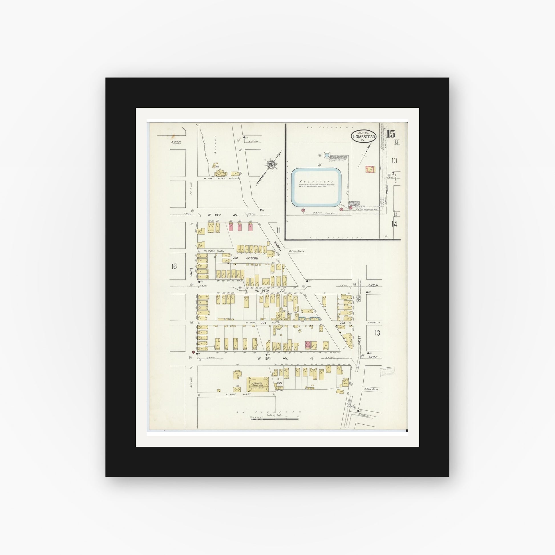 Old map wall art mockup — black gallery frame with white mat — Sanborn Fire Insurance Map from Homestead, Allegheny County, Pennsylvania (1913), Sheet #0015