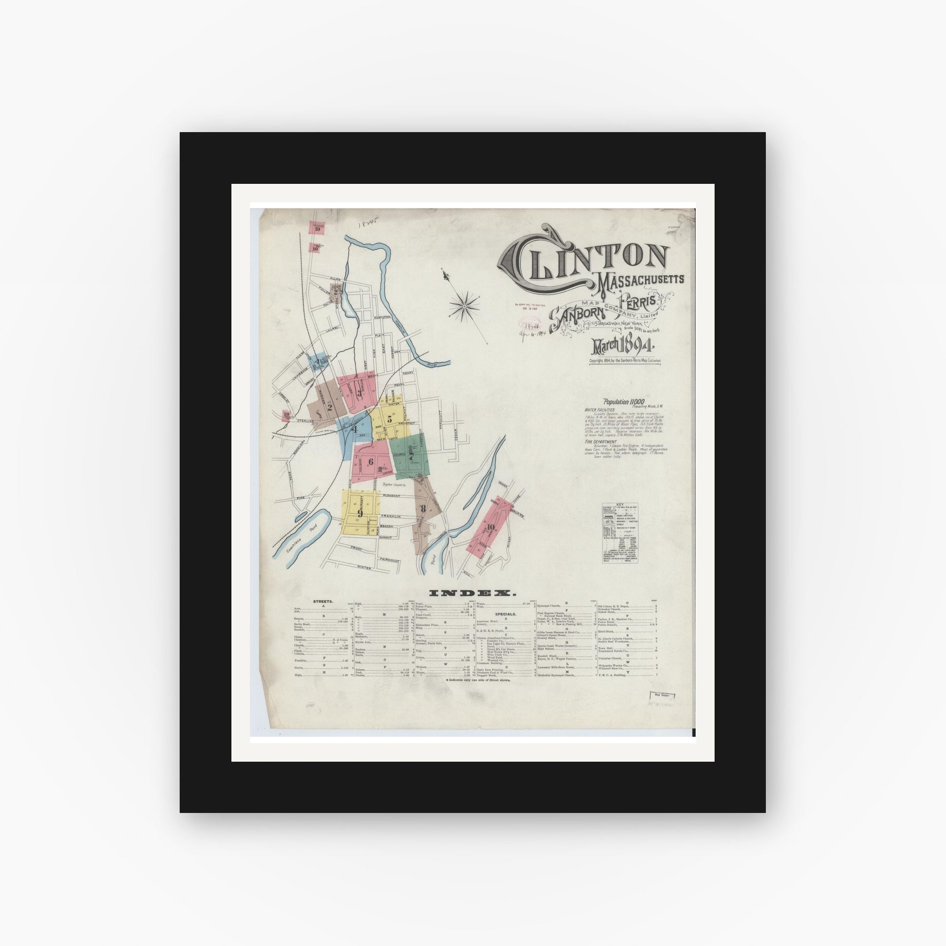 Old map wall art mockup — black gallery frame with white mat — Sanborn Fire Insurance Map from Clinton, Worcester County, Massachusetts (1894) - Complete Map Set