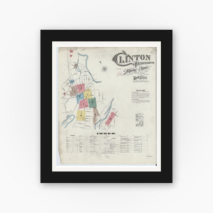 Old map wall art mockup — black gallery frame with white mat — Sanborn Fire Insurance Map from Clinton, Worcester County, Massachusetts (1894) - Complete Map Set