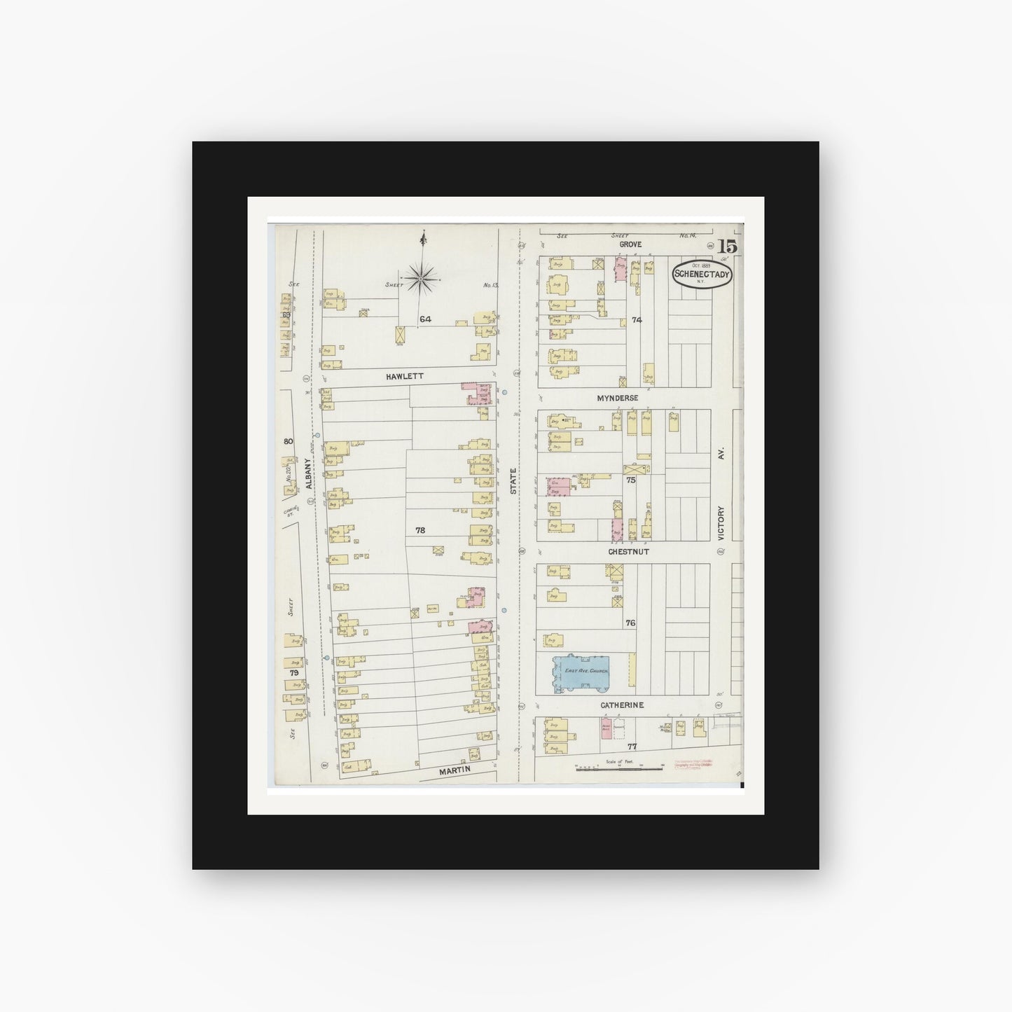 Old map wall art mockup — black gallery frame with white mat — Sanborn Fire Insurance Map from Schenectady, Schenectady County, New York (1889), Sheet #0015