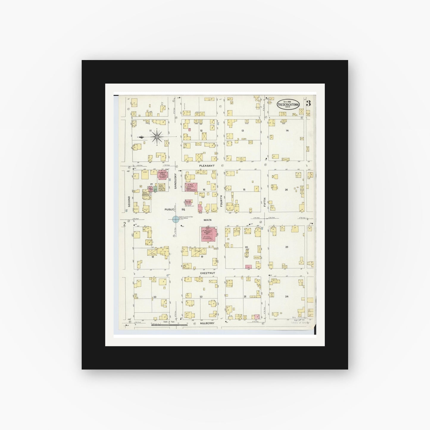 Old map wall art mockup — black gallery frame with white mat — Sanborn Fire Insurance Map from Fredericktown, Knox County, Ohio (1908), Sheet #0003