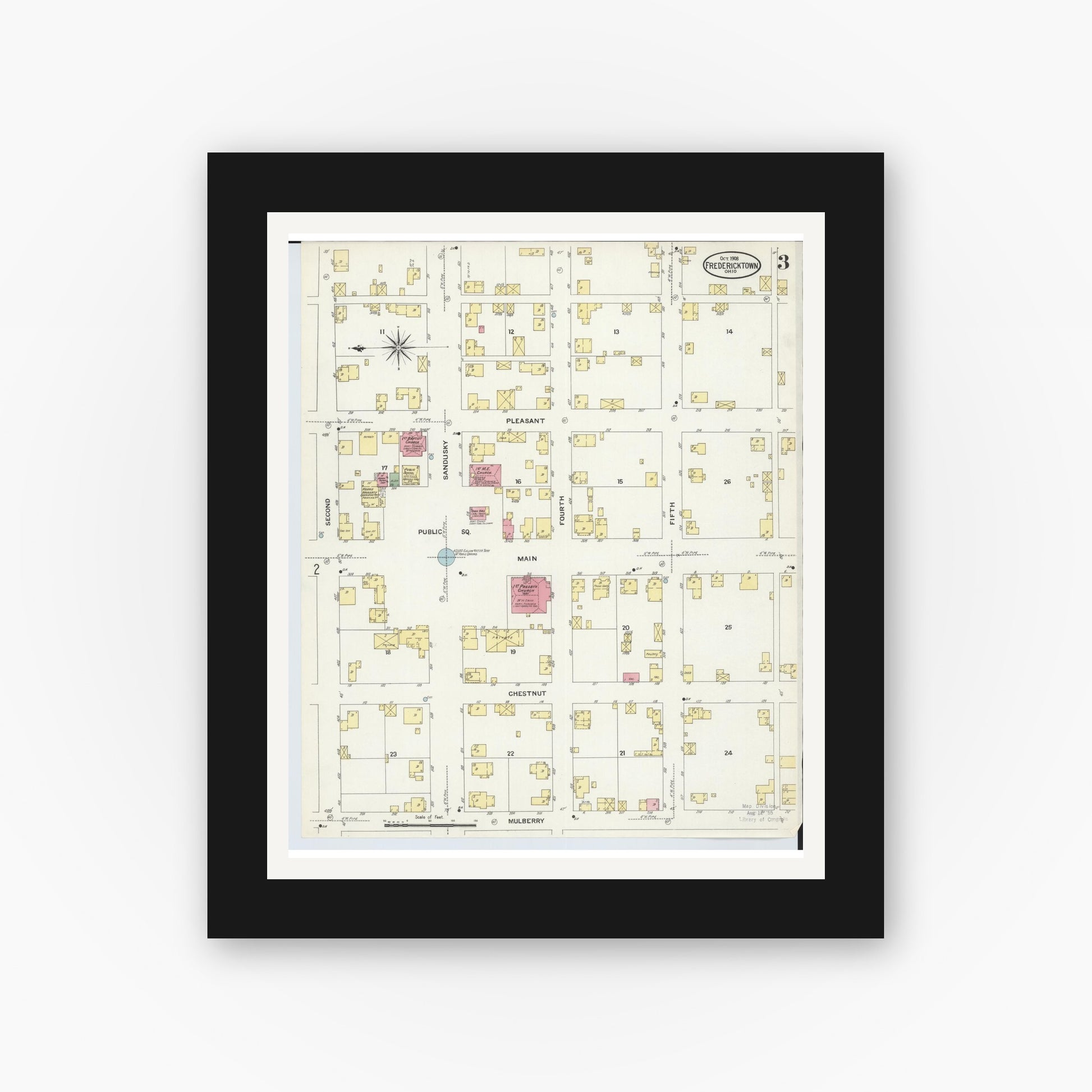 Old map wall art mockup — black gallery frame with white mat — Sanborn Fire Insurance Map from Fredericktown, Knox County, Ohio (1908), Sheet #0003