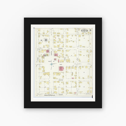 Old map wall art mockup — black gallery frame with white mat — Sanborn Fire Insurance Map from Fredericktown, Knox County, Ohio (1908), Sheet #0003