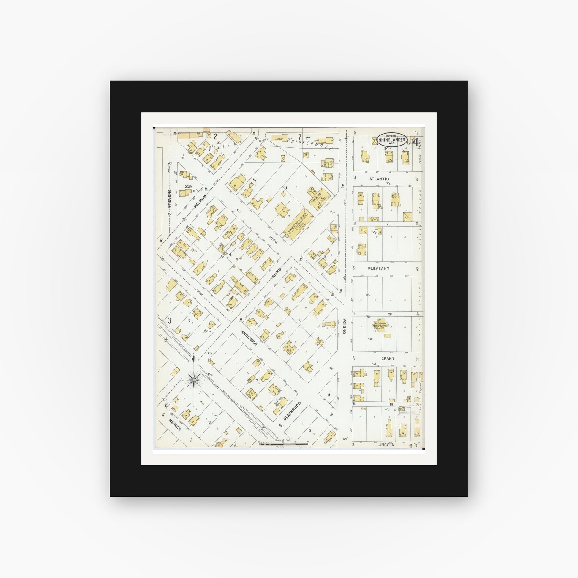 Old map wall art mockup — black gallery frame with white mat — Sanborn Fire Insurance Map from Rhinelander, Oneida County, Wisconsin (1900), Sheet #0004