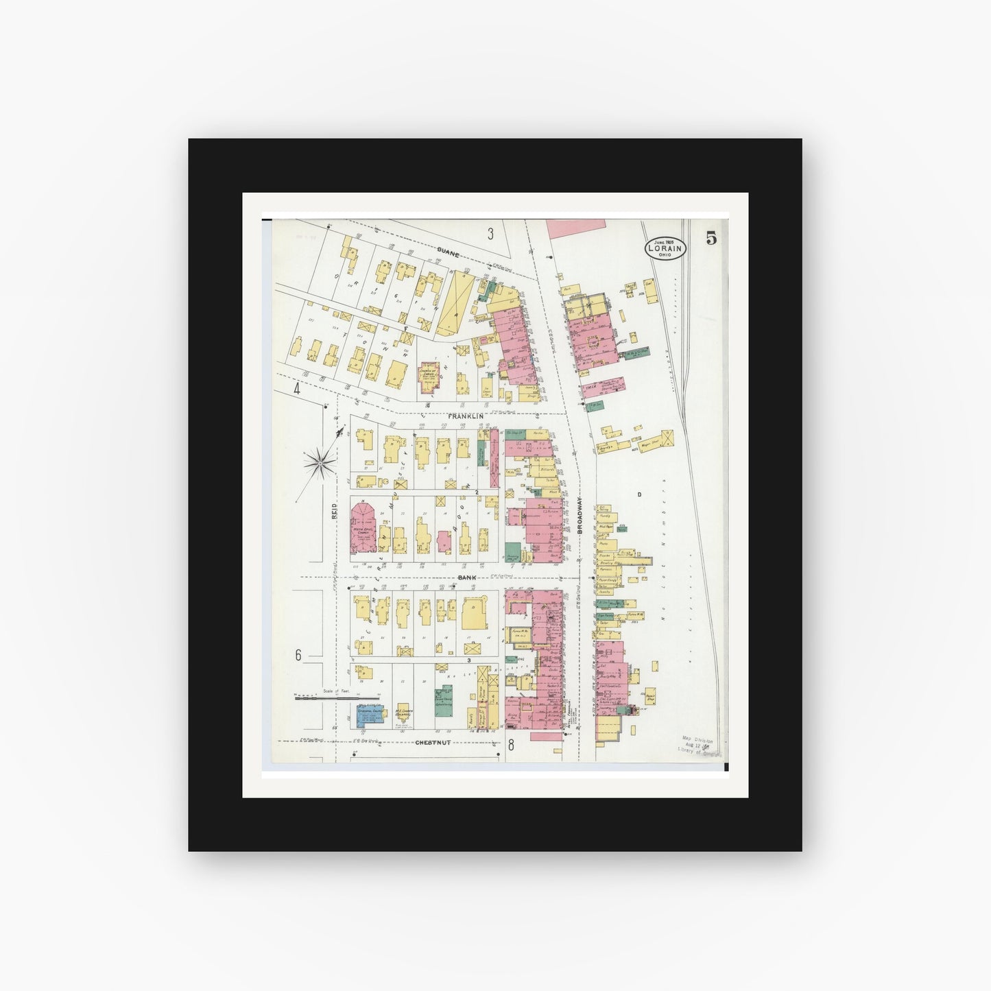 Old map wall art mockup — black gallery frame with white mat — Sanborn Fire Insurance Map from Lorain, Lorain County, Ohio (1905), Sheet #0005