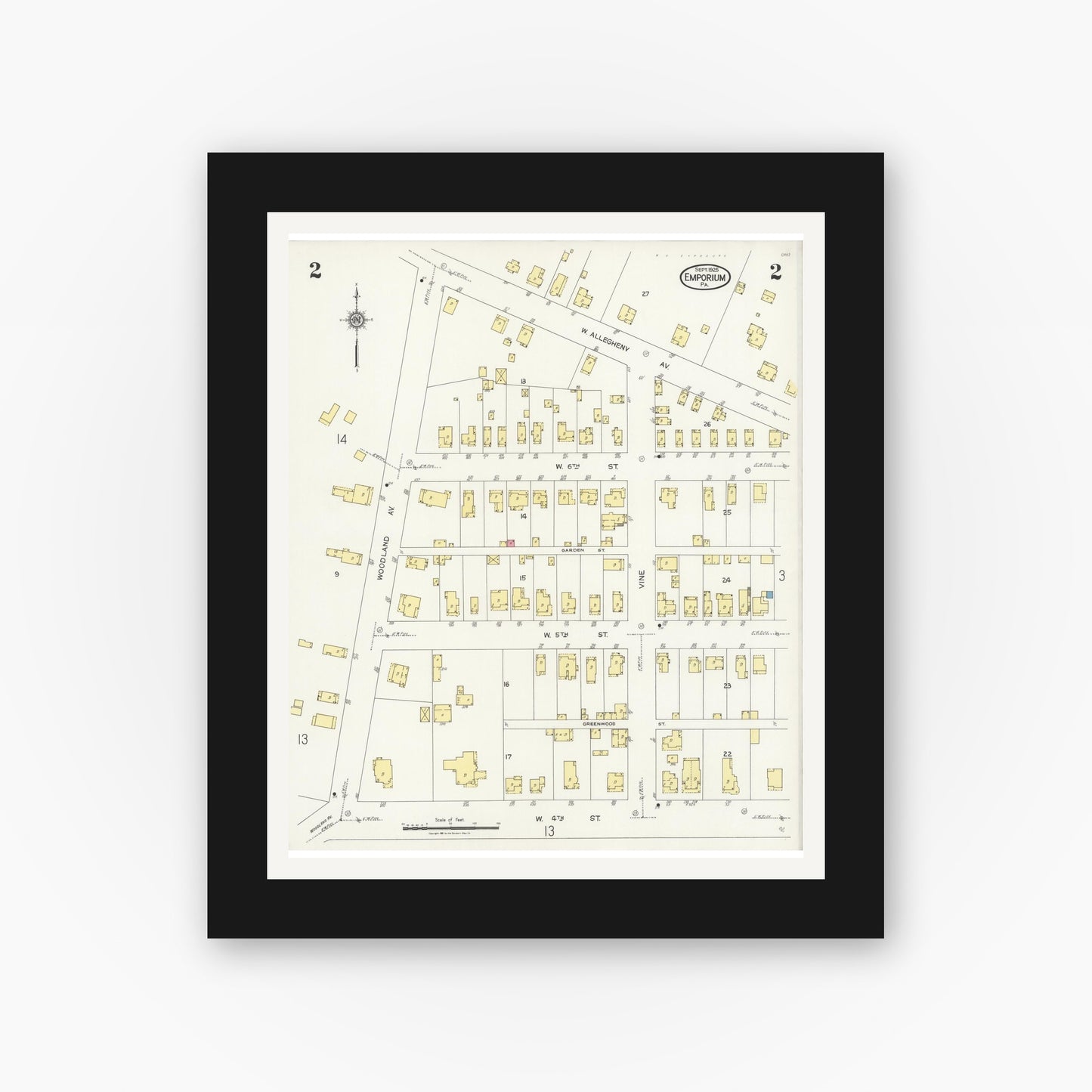 Old map wall art mockup — black gallery frame with white mat — Sanborn Fire Insurance Map from Emporium, Cameron County, Pennsylvania (1925), Sheet #0002